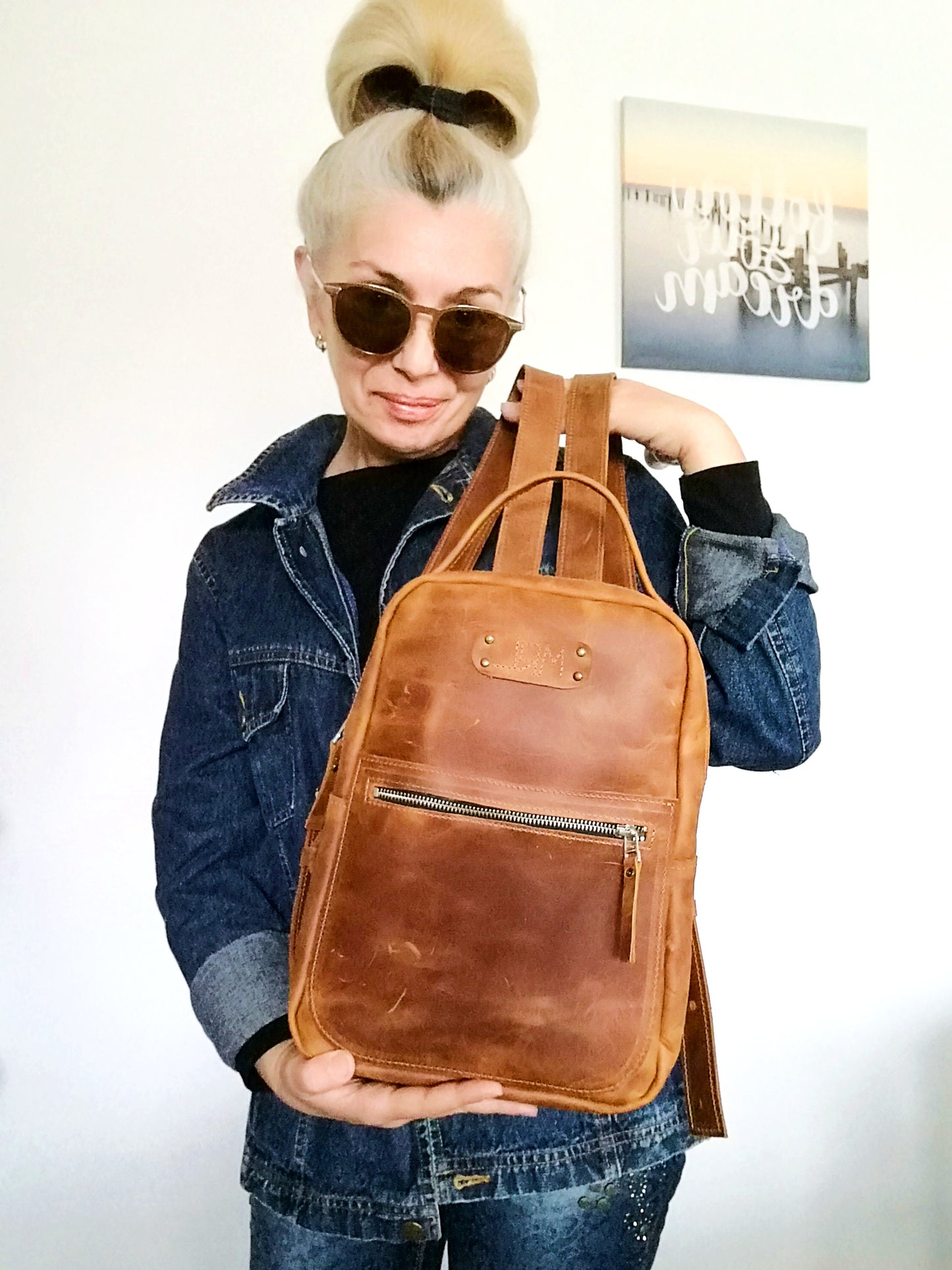 Western Leather Backpack Unisex Brown Italian leather Rucksack