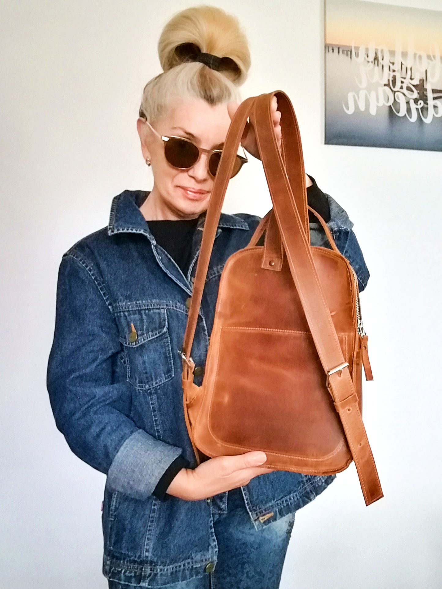 Western Leather Backpack Unisex Brown Italian leather Rucksack