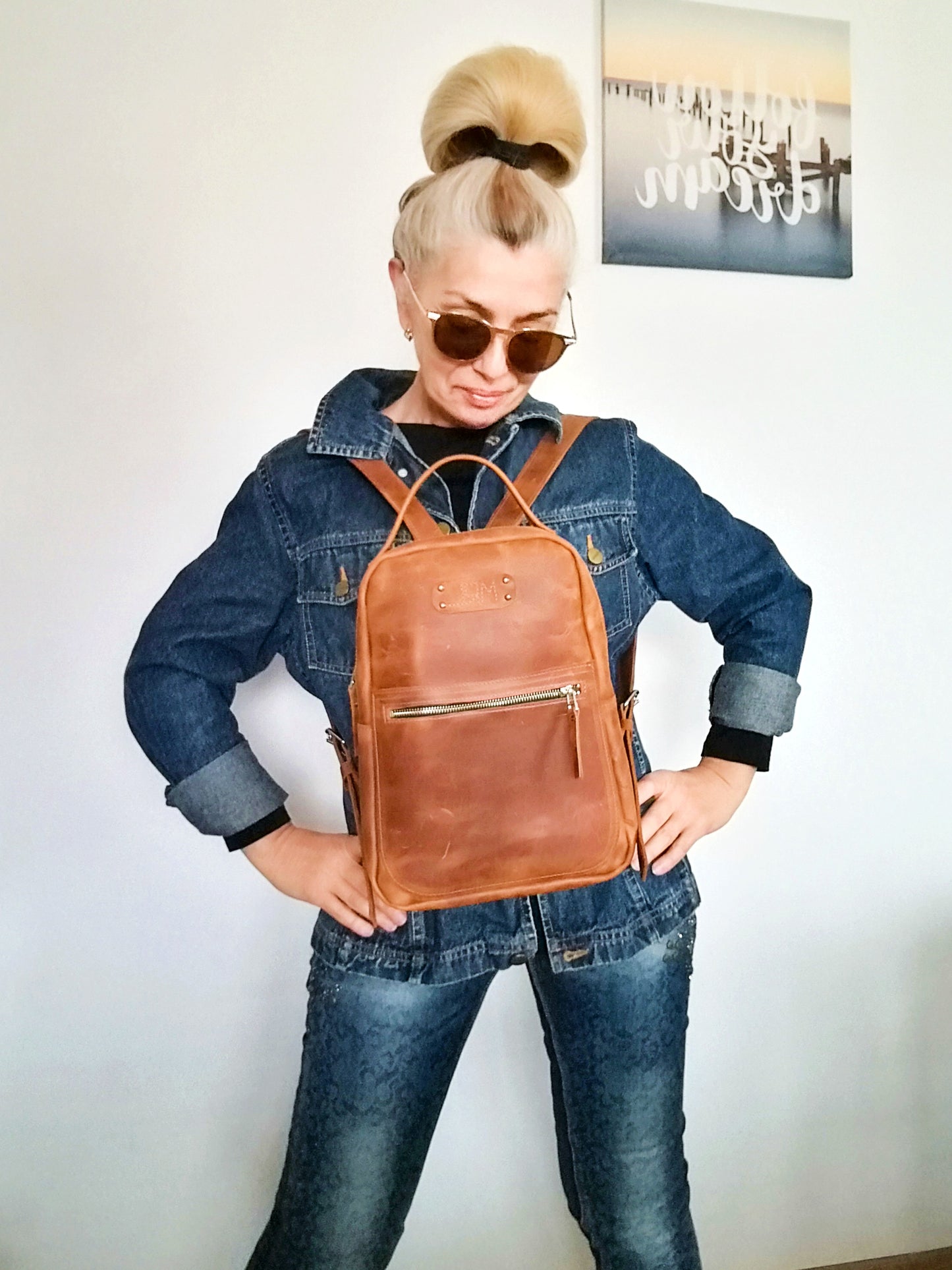 Western Leather Backpack Unisex Brown Italian leather Rucksack