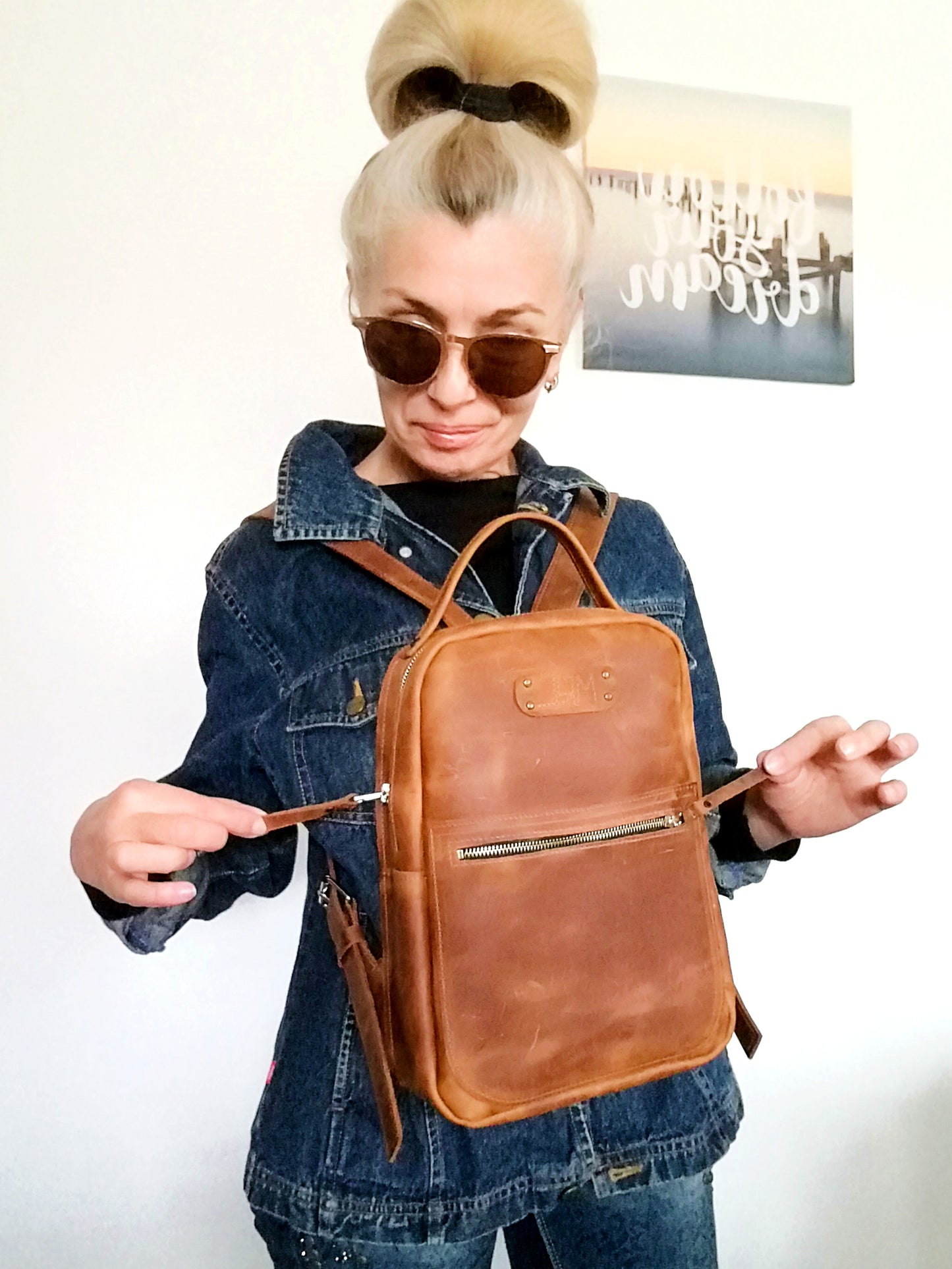 Western Leather Backpack Unisex Brown Italian leather Rucksack