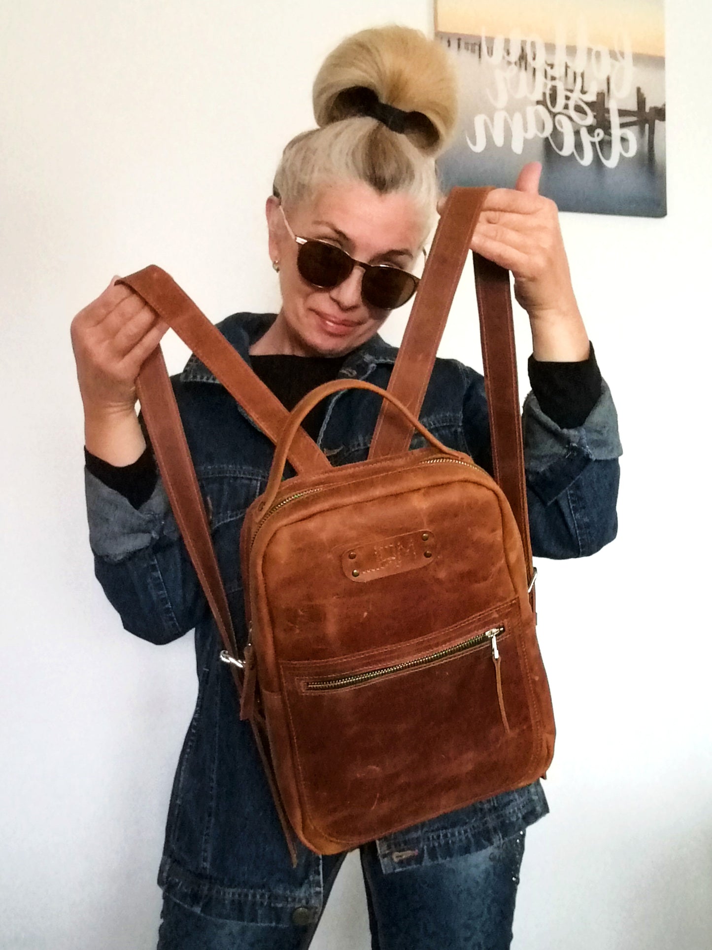 Western Leather Backpack Unisex Brown Italian leather Rucksack