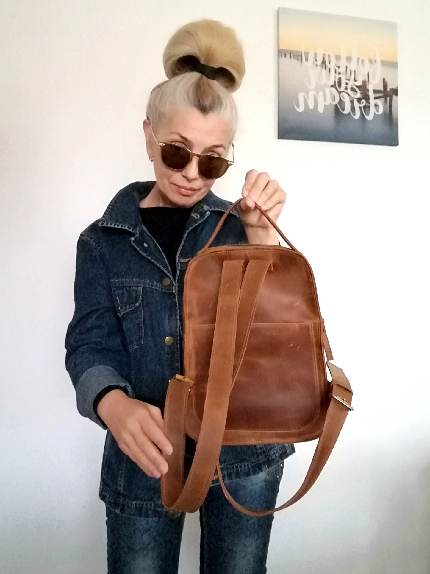 Western Leather Backpack Unisex Brown Italian leather Rucksack