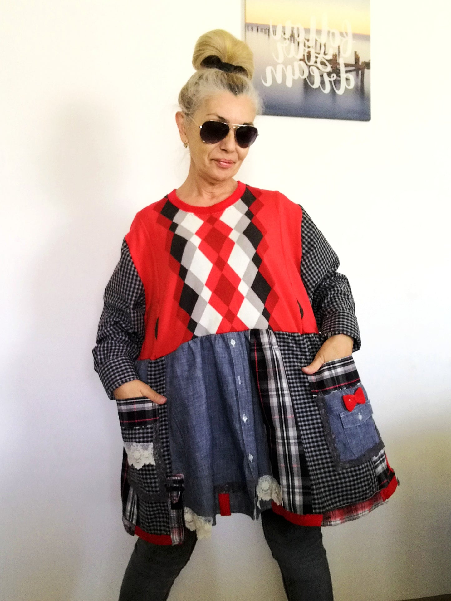 Plus Size Sweater Dress 2XL Red Cotton Shirtdress