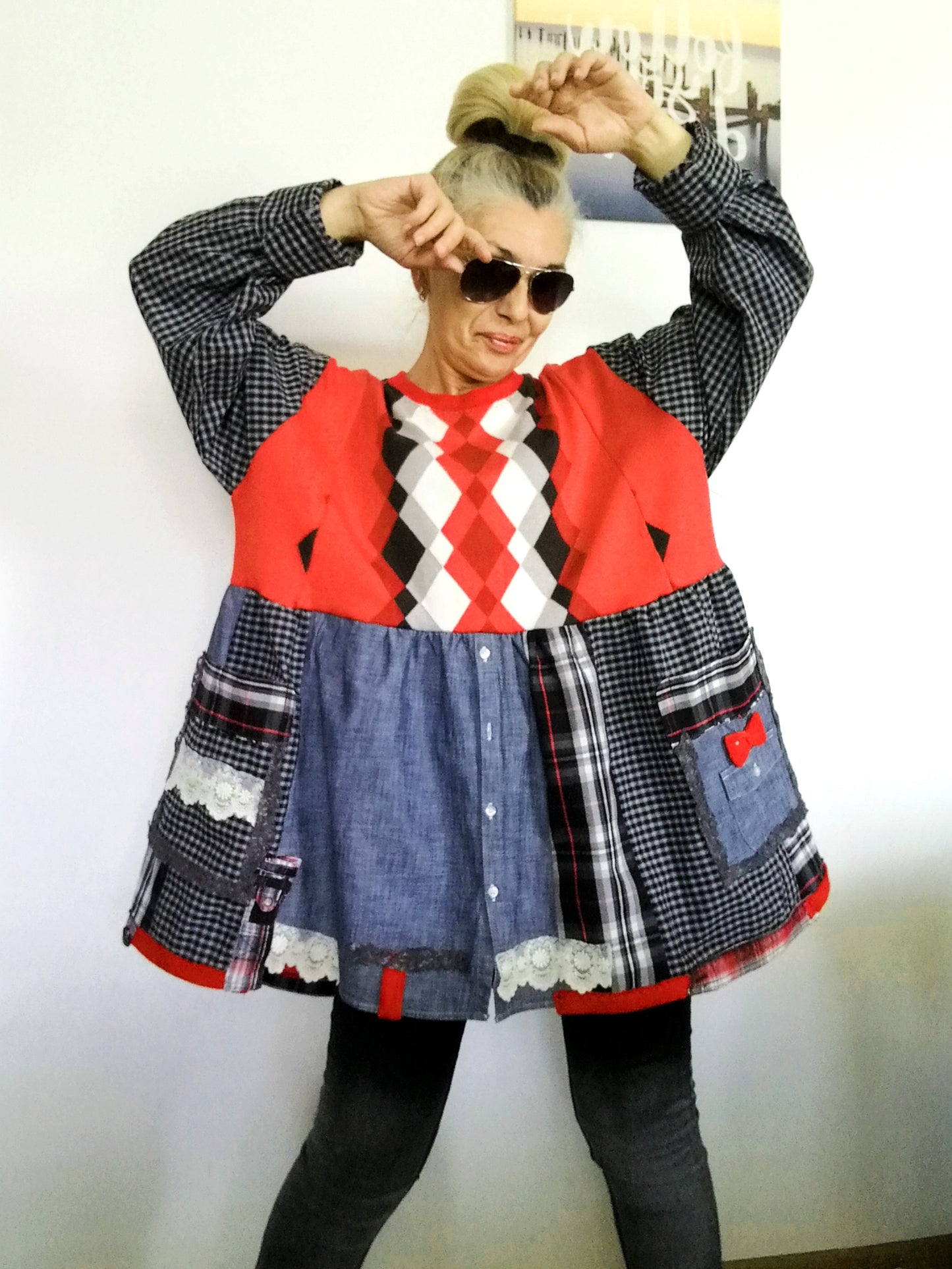 Plus Size Sweater Dress 2XL Red Cotton Shirtdress