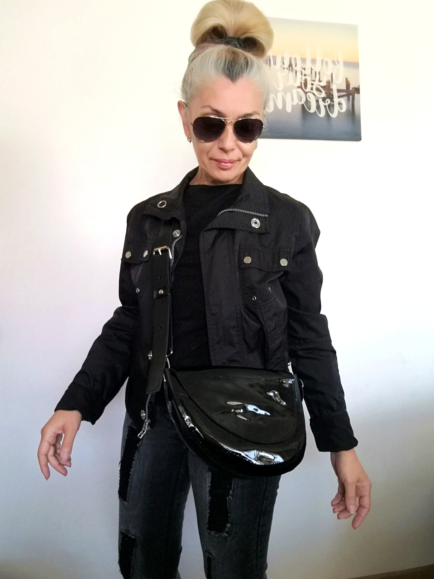 Black Leather Saddle Bag Patent Leather Crossbody Purse Bag