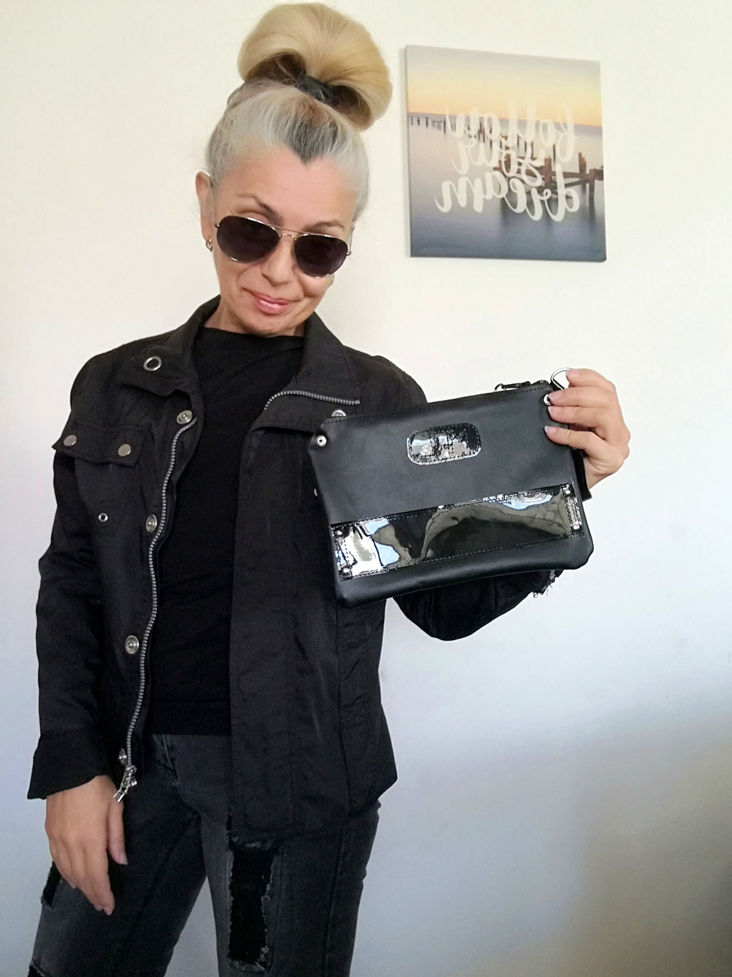 Black Leather Clutch Bag Black Evening Wrist Bag