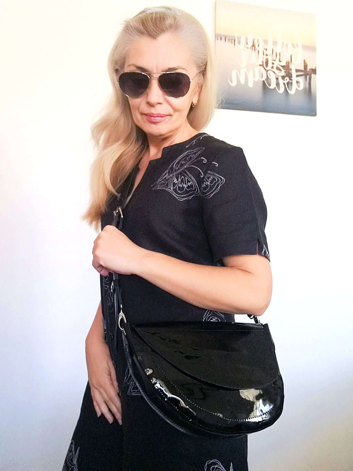 Black Leather Saddle Bag Patent Leather Crossbody Purse Bag