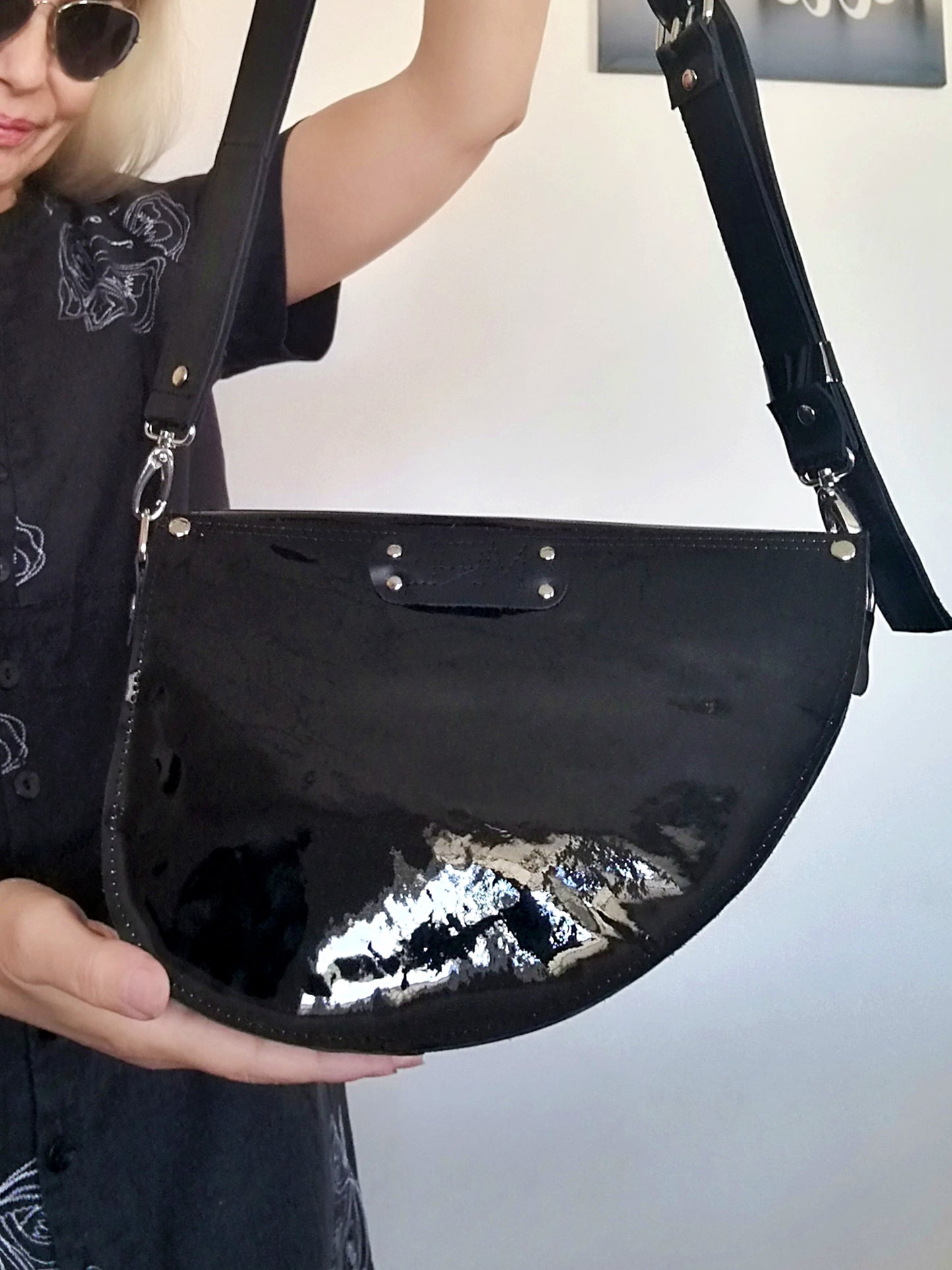 Black Leather Saddle Bag Patent Leather Crossbody Purse Bag
