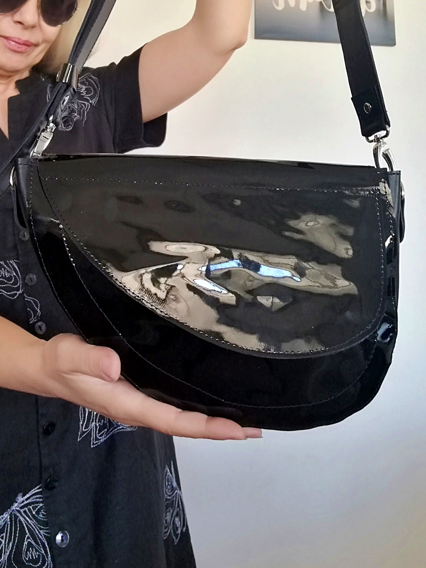 Black Leather Saddle Bag Patent Leather Crossbody Purse Bag