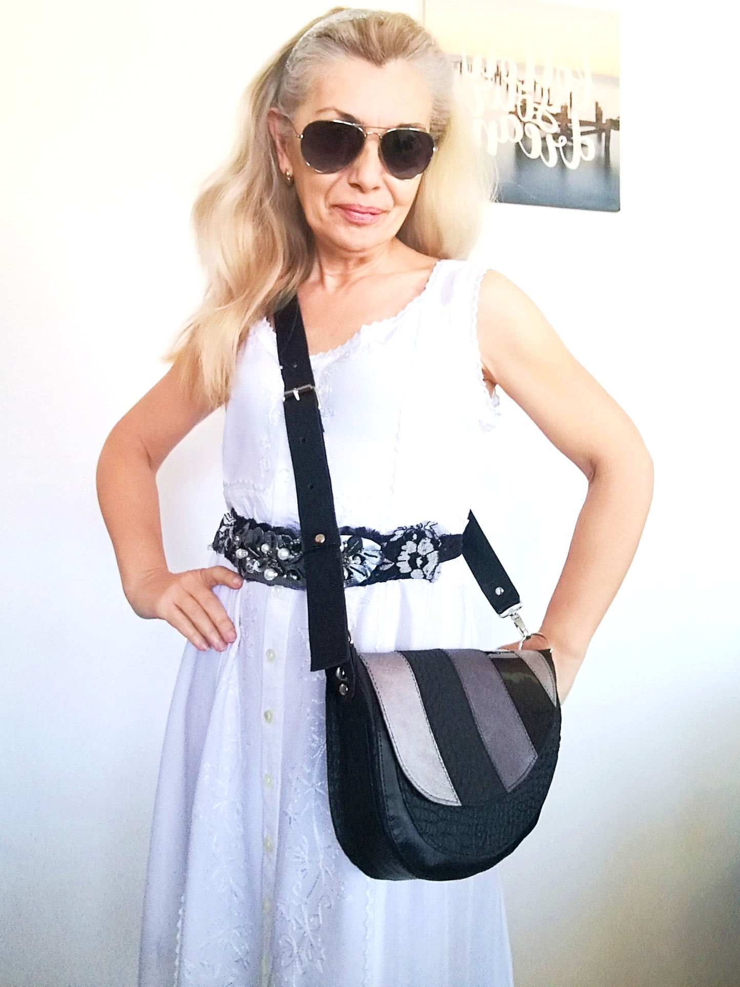 Black Leather Saddle Bag Luxury Crossbody Purse Bag