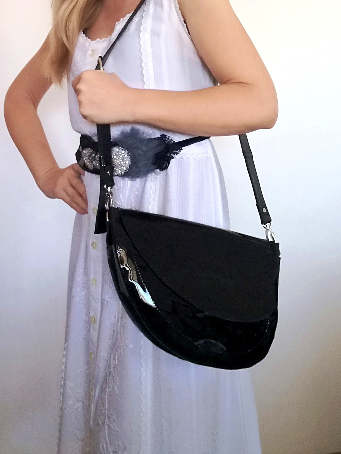 Black Leather Saddle Bag Patent Leather Crossbody Purse Bag