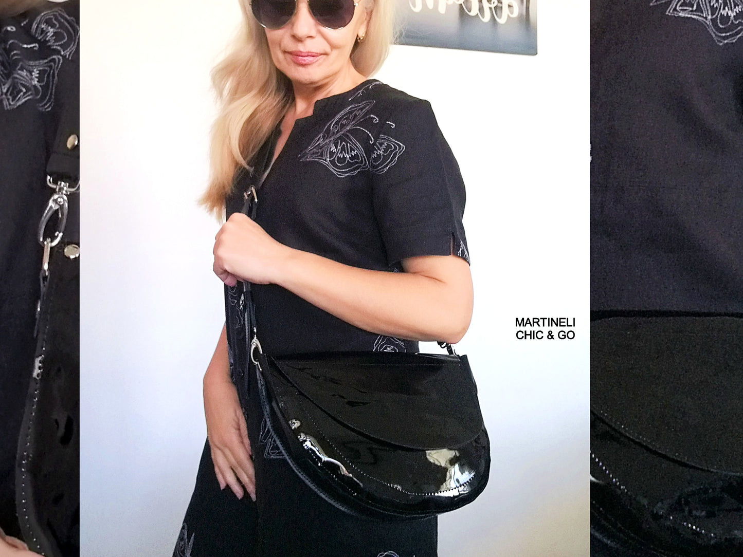 Black Leather Saddle Bag Patent Leather Crossbody Purse Bag