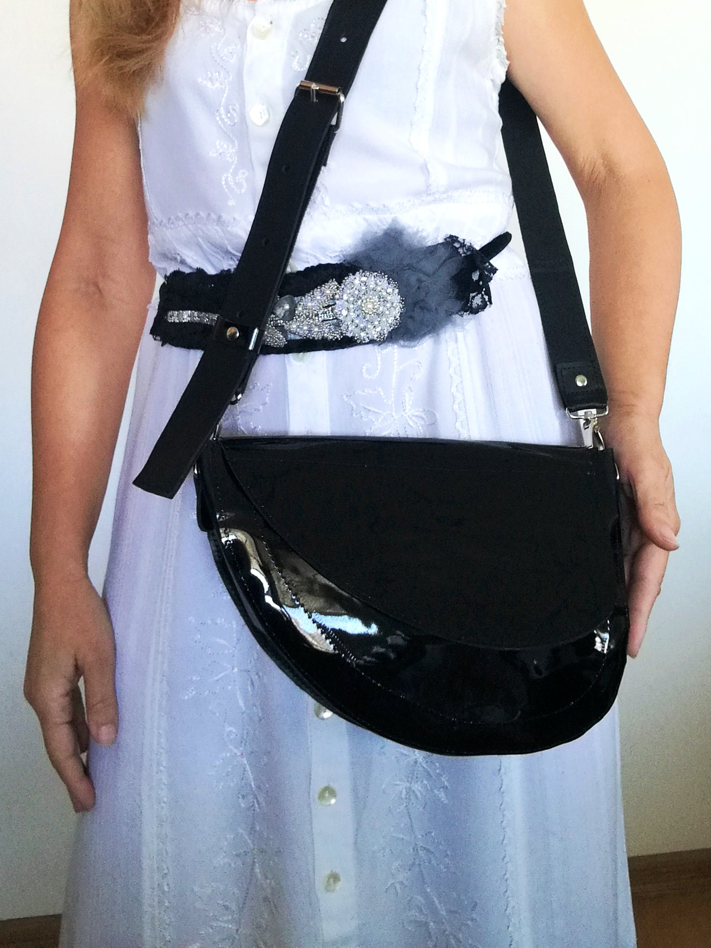 Black Leather Saddle Bag Patent Leather Crossbody Purse Bag