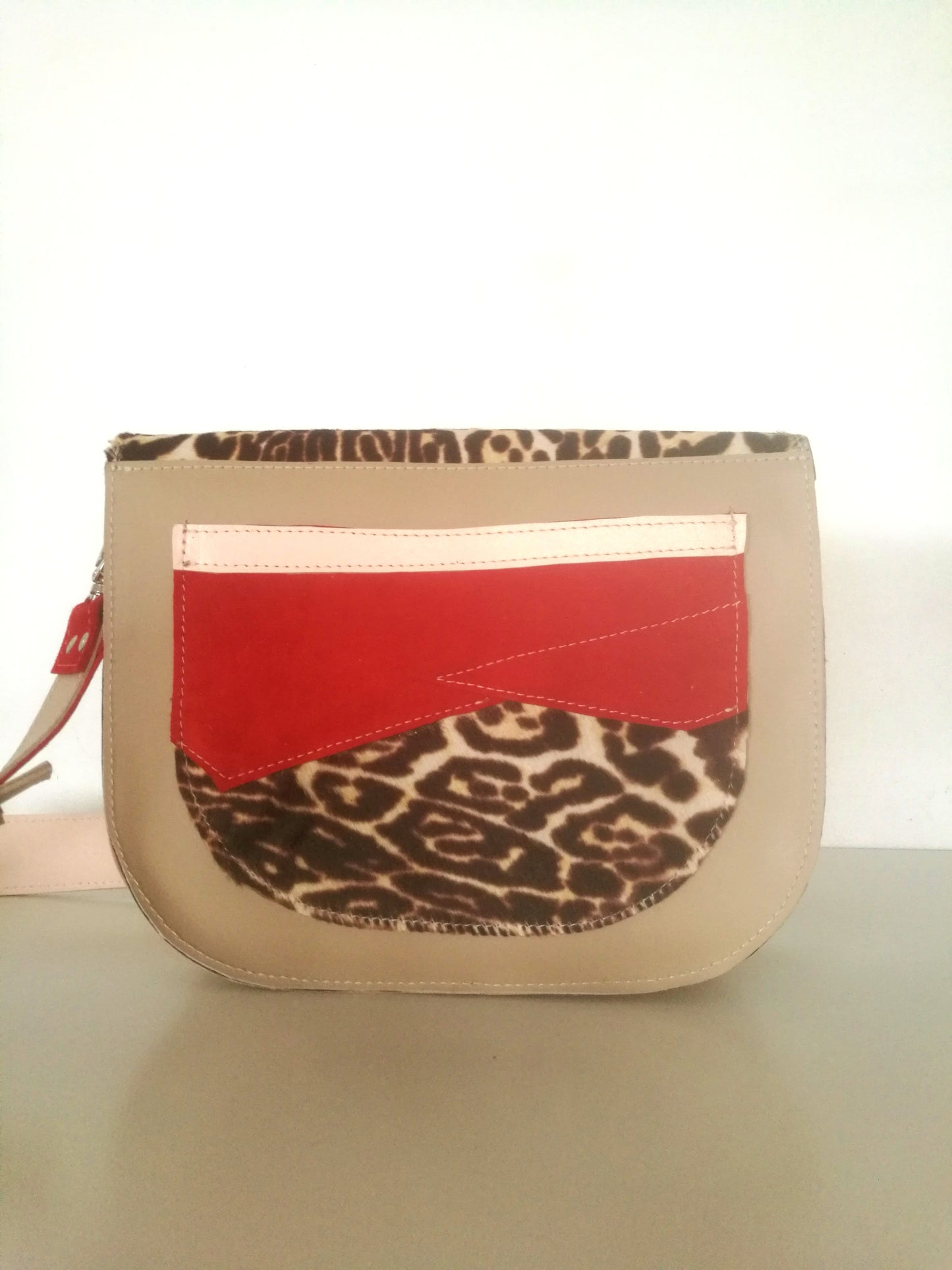 Animal Print Leather Bag Beige Mini Saddle Bag
