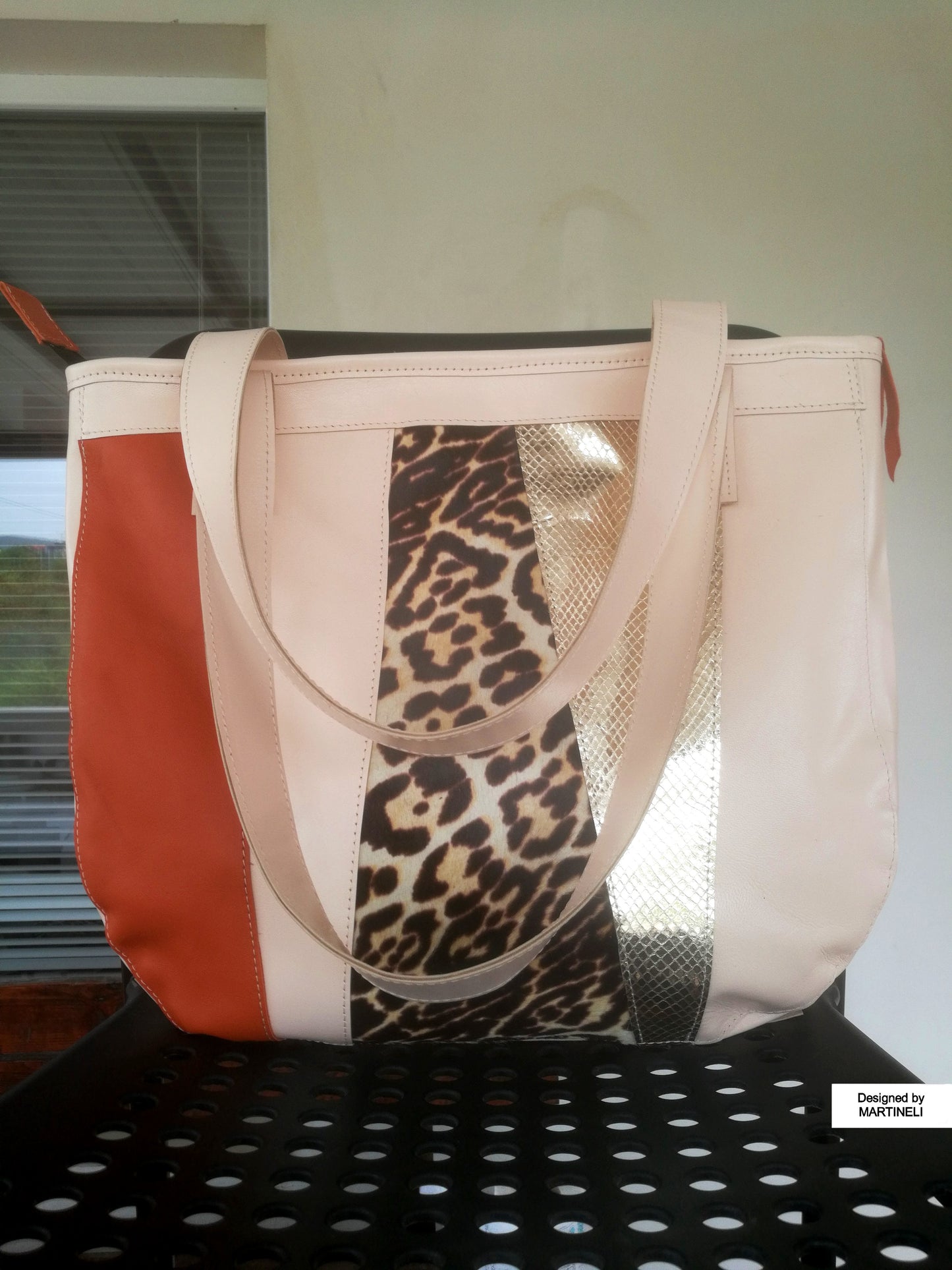 Animal Print Leather Tote Bag Large Beige Italian Leather Shoulder Bag