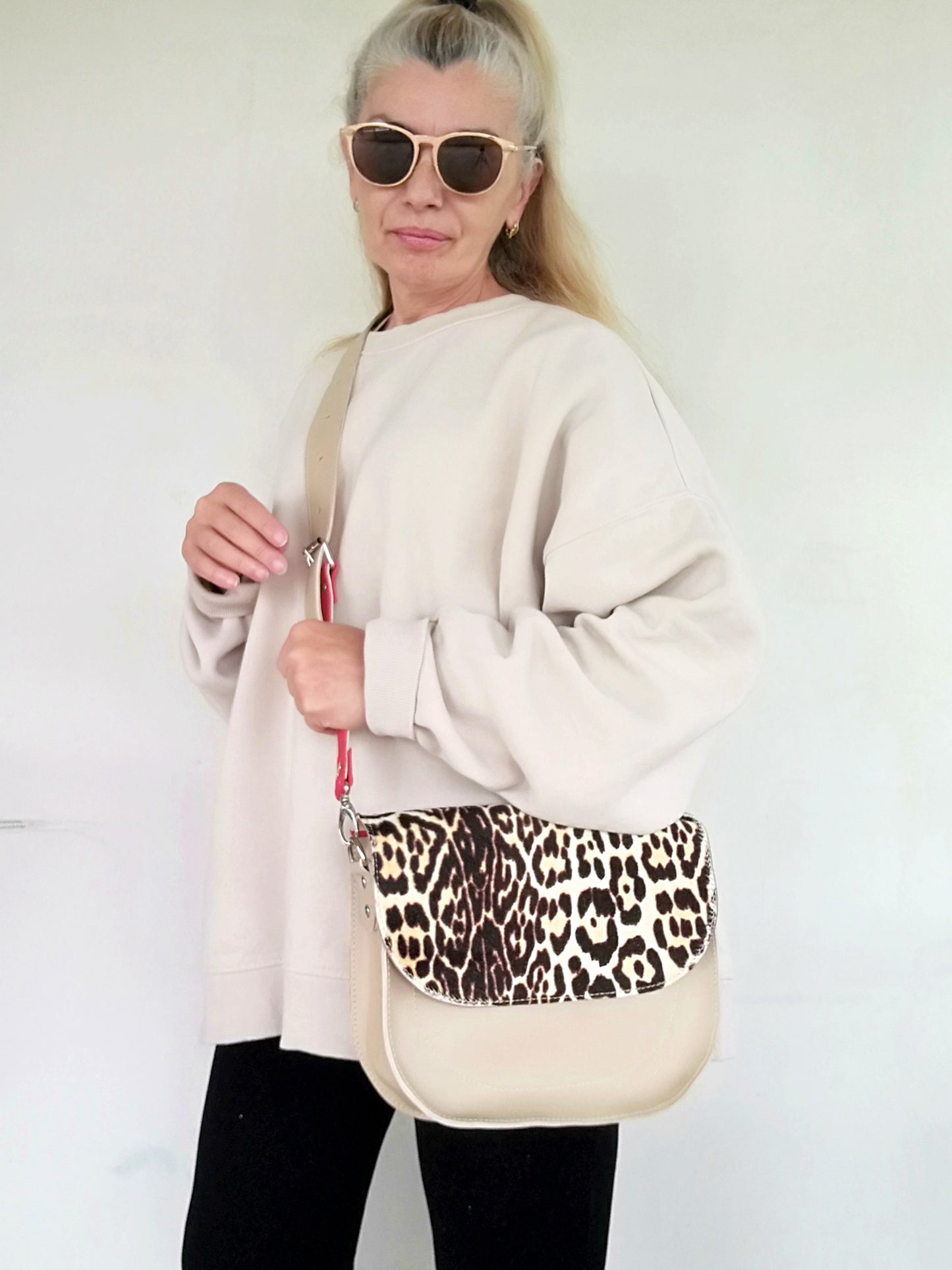 Animal Print Leather Bag Beige Mini Saddle Bag