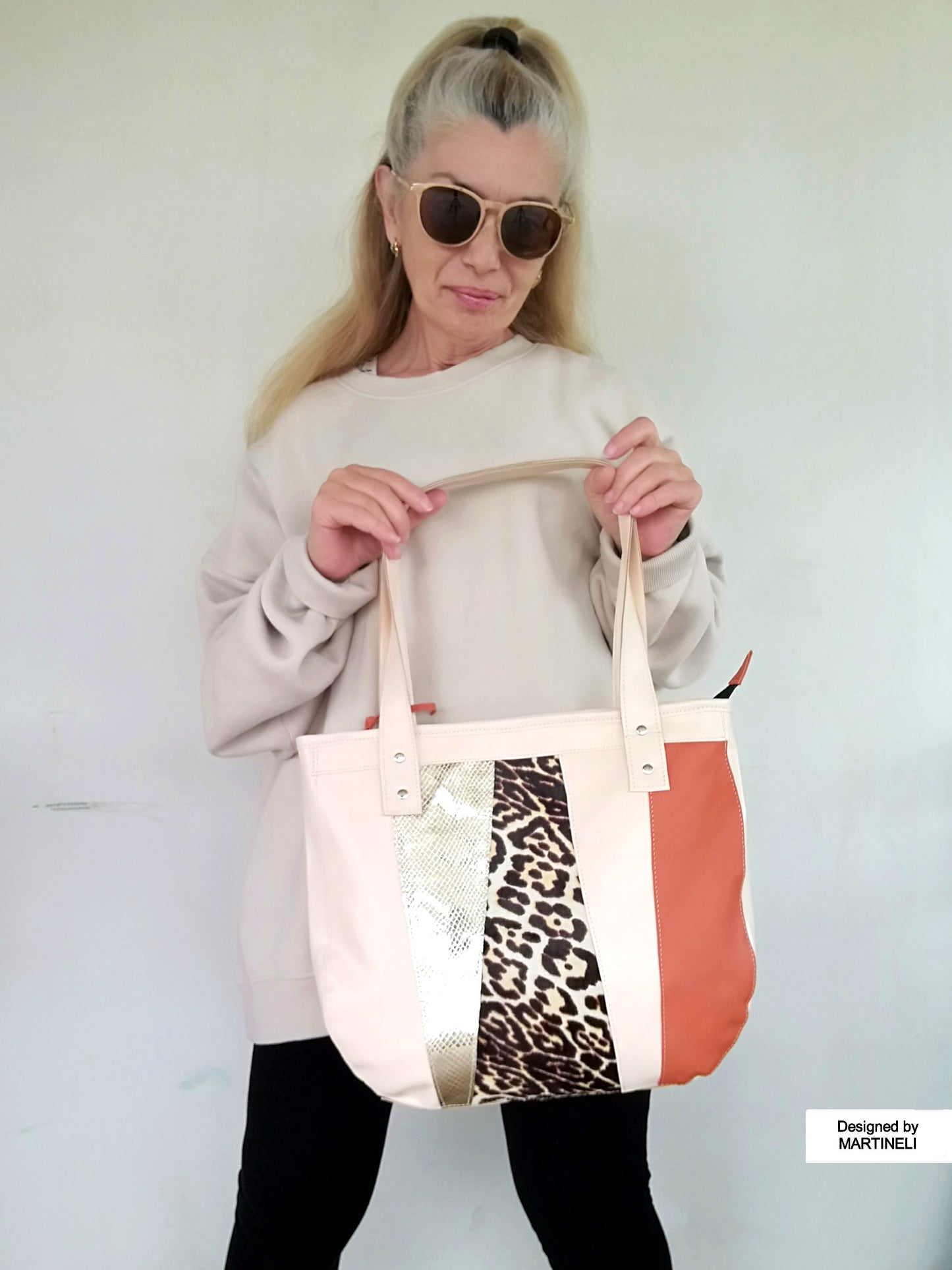 Animal Print Leather Tote Bag Large Beige Italian Leather Shoulder Bag