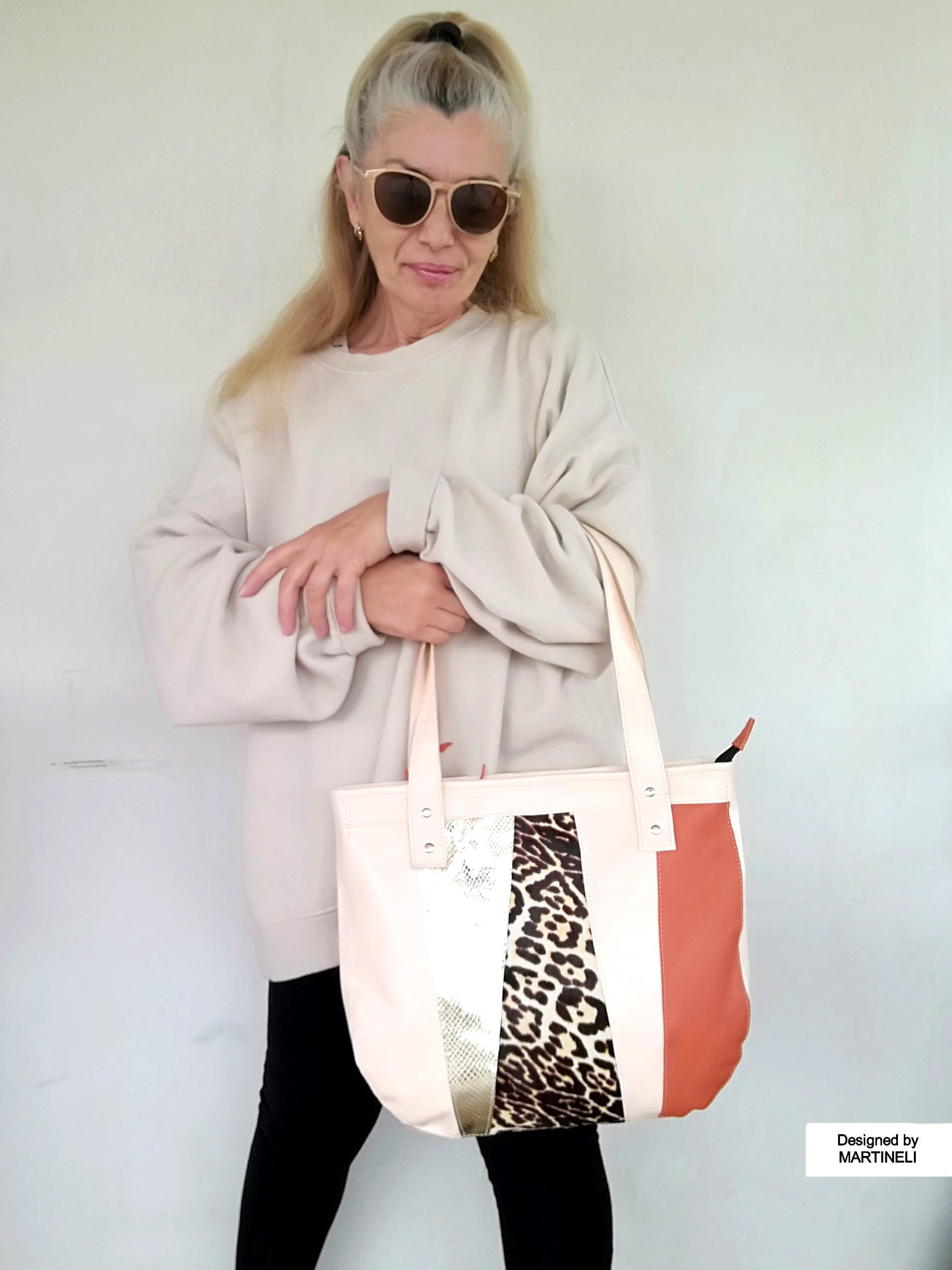 Animal Print Leather Tote Bag Large Beige Italian Leather Shoulder Bag