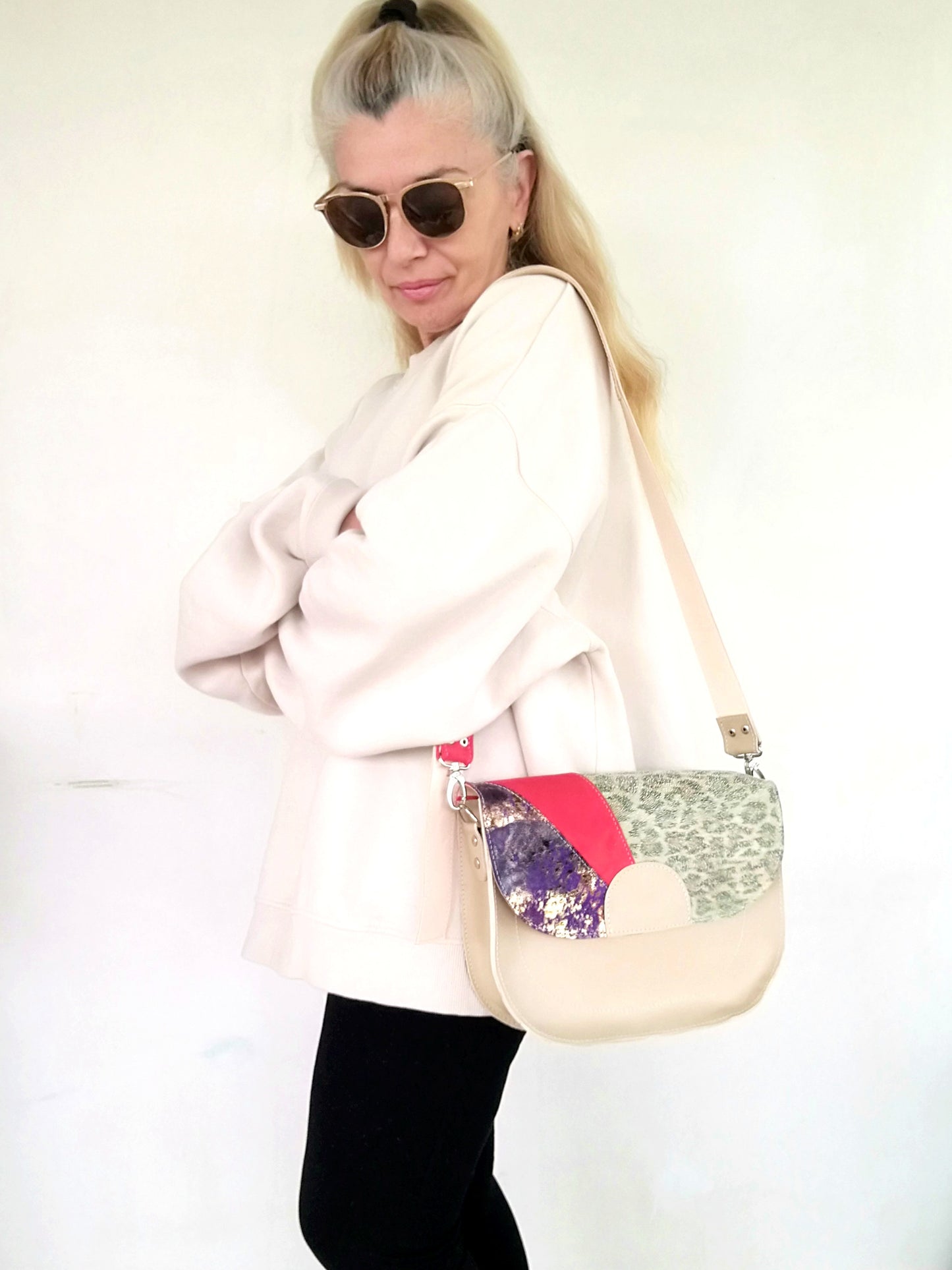 Colorful Crossbody Leather Bag Italian Leather Saddle Bag