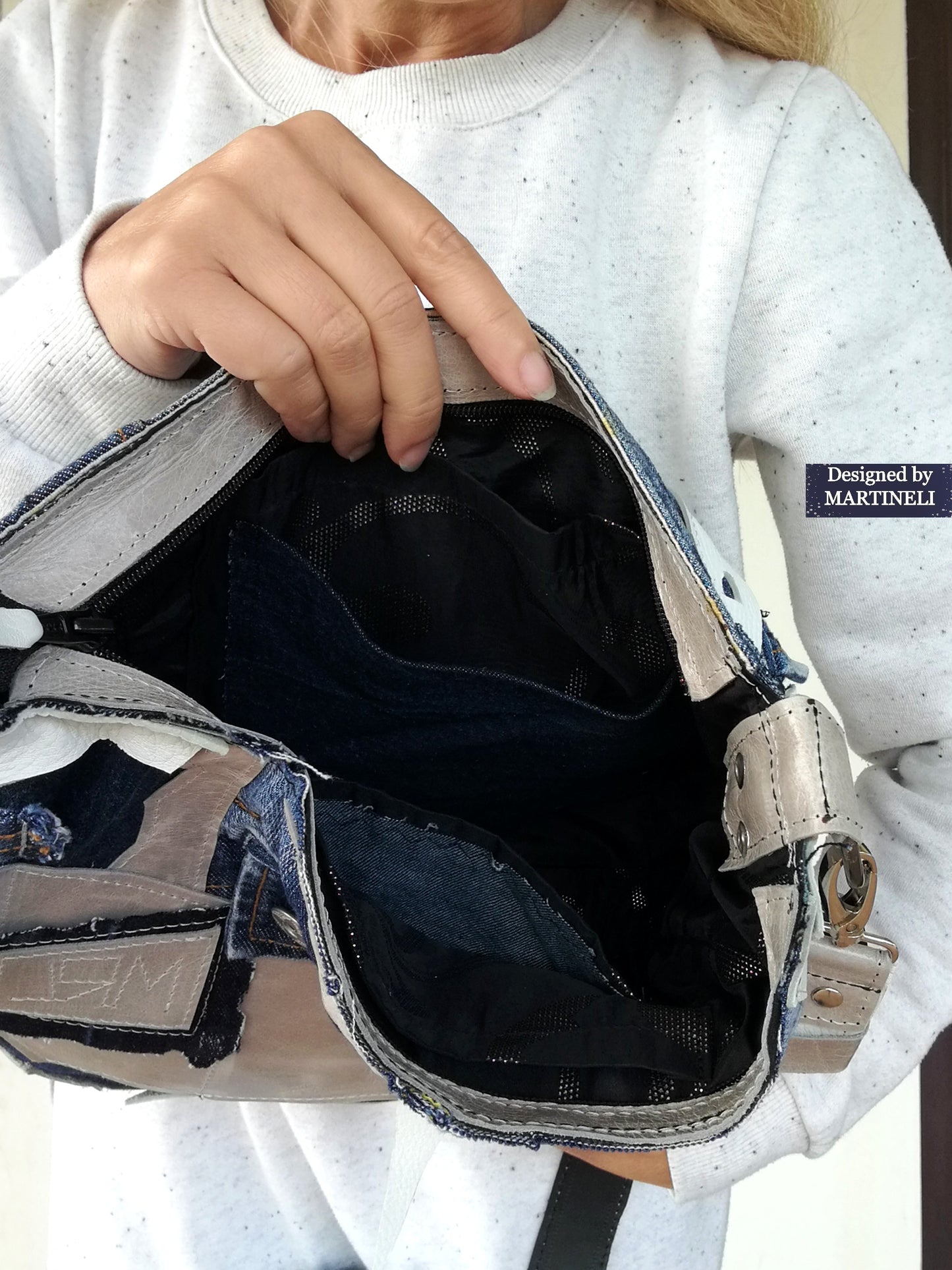 White Italian Leather & Denim Cross Body Bag,Large Leather Shoulder Purse Bag