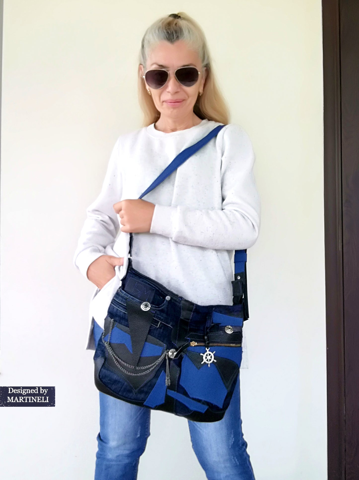Blue Italian Leather Shoulder Bag Large Denim Crossbody Purse Bag