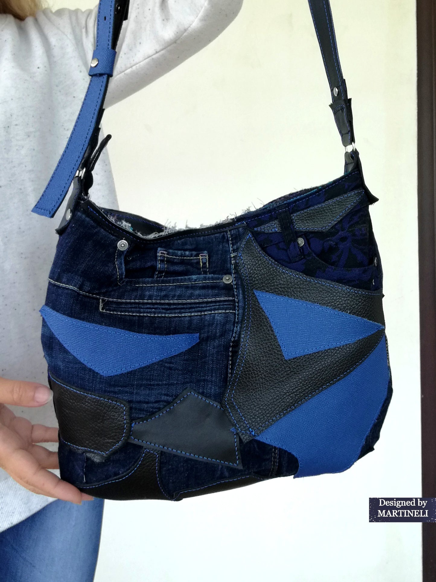 Blue Italian Leather Shoulder Bag Large Denim Crossbody Purse Bag