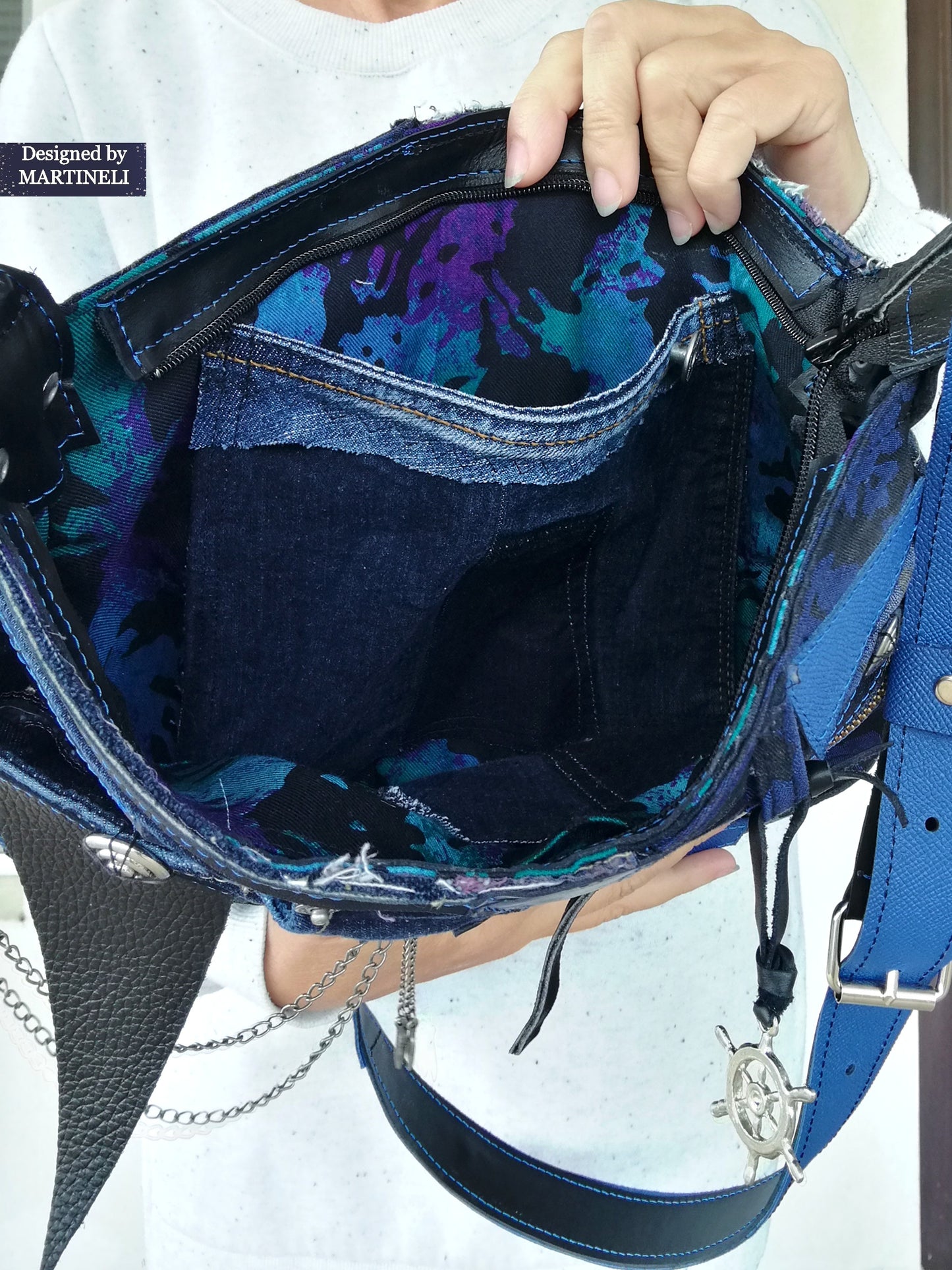 Blue Italian Leather Shoulder Bag,Large Denim Crossbody Purse Bag