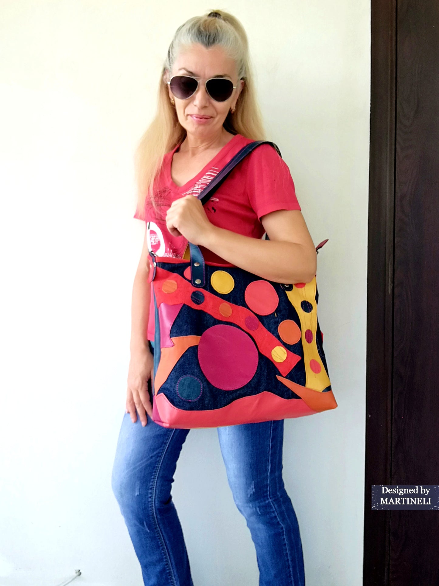 Colorful Leather Tote Bag-Soft Leather and Denim Crossbody Purse Bag,Large Jean Bag Artsy Convertible Bag For Women Hippie Bag Boho Tote Bag