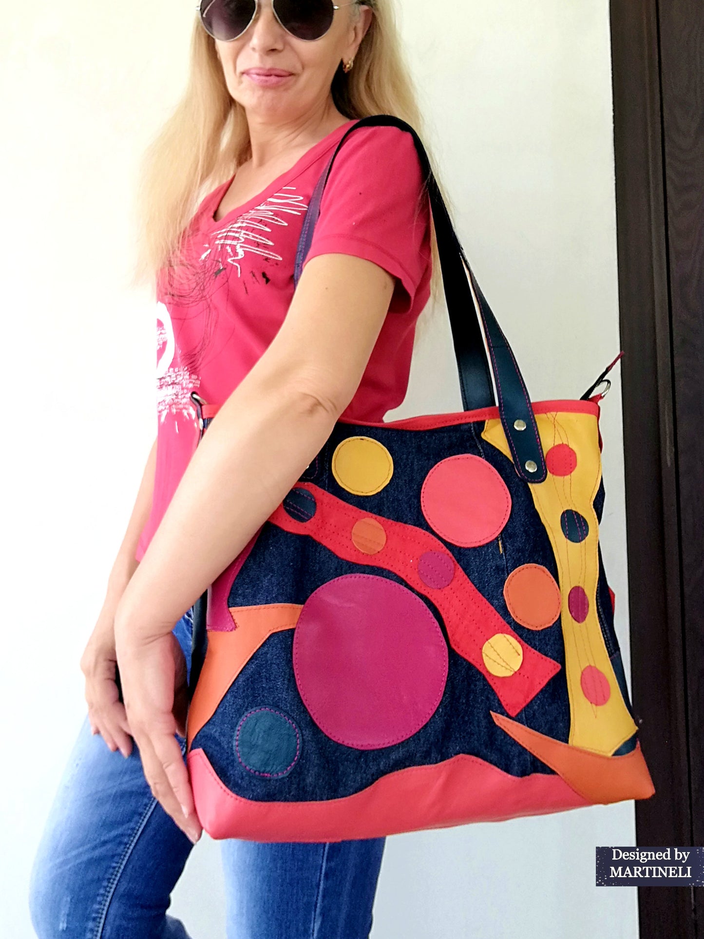 Colorful Leather Tote Bag-Soft Leather and Denim Crossbody Purse Bag,Large Jean Bag Artsy Convertible Bag For Women Hippie Bag Boho Tote Bag