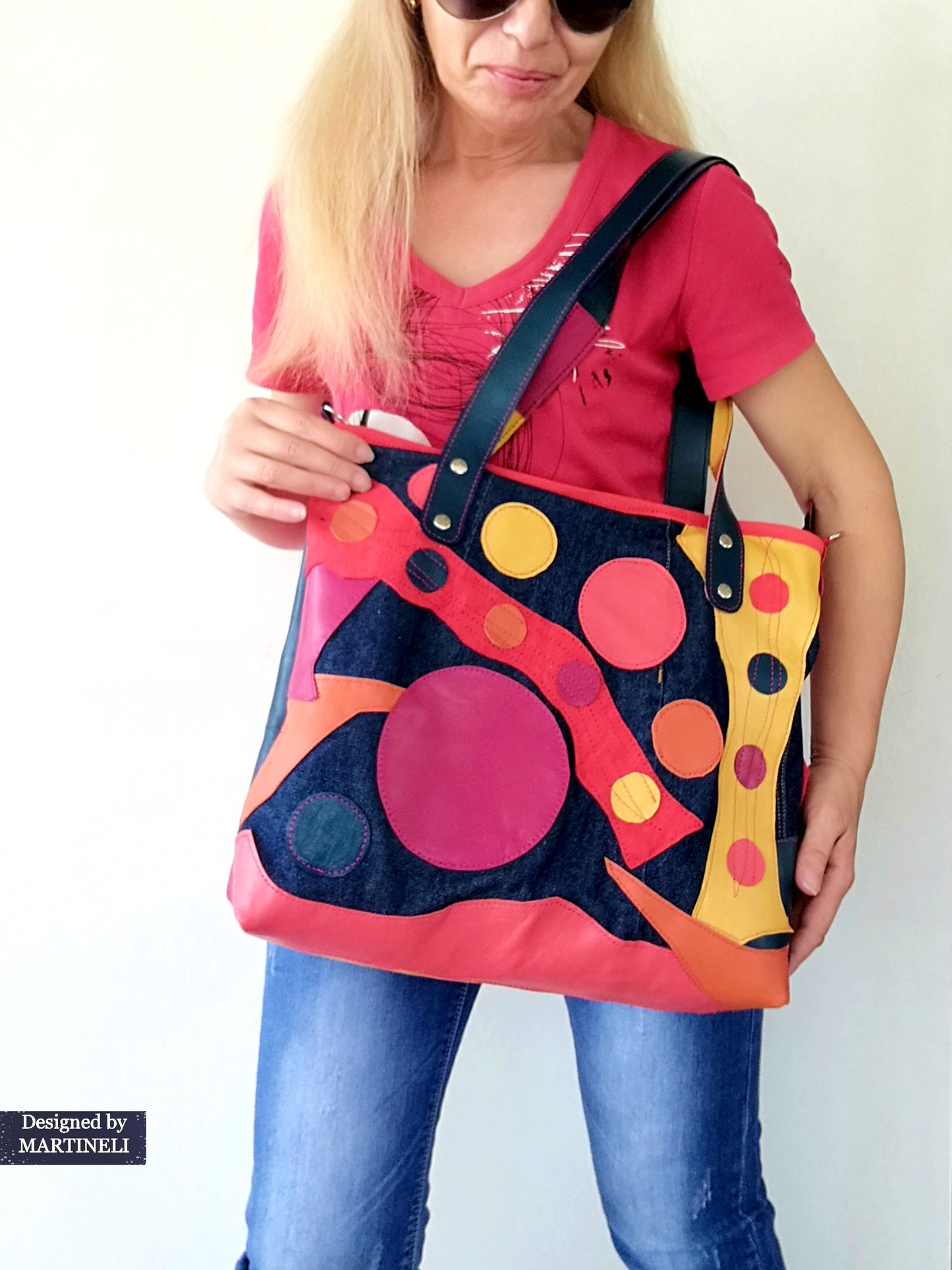 Colorful Leather Tote Bag-Soft Leather and Denim Crossbody Purse Bag,Large Jean Bag Artsy Convertible Bag For Women Hippie Bag Boho Tote Bag
