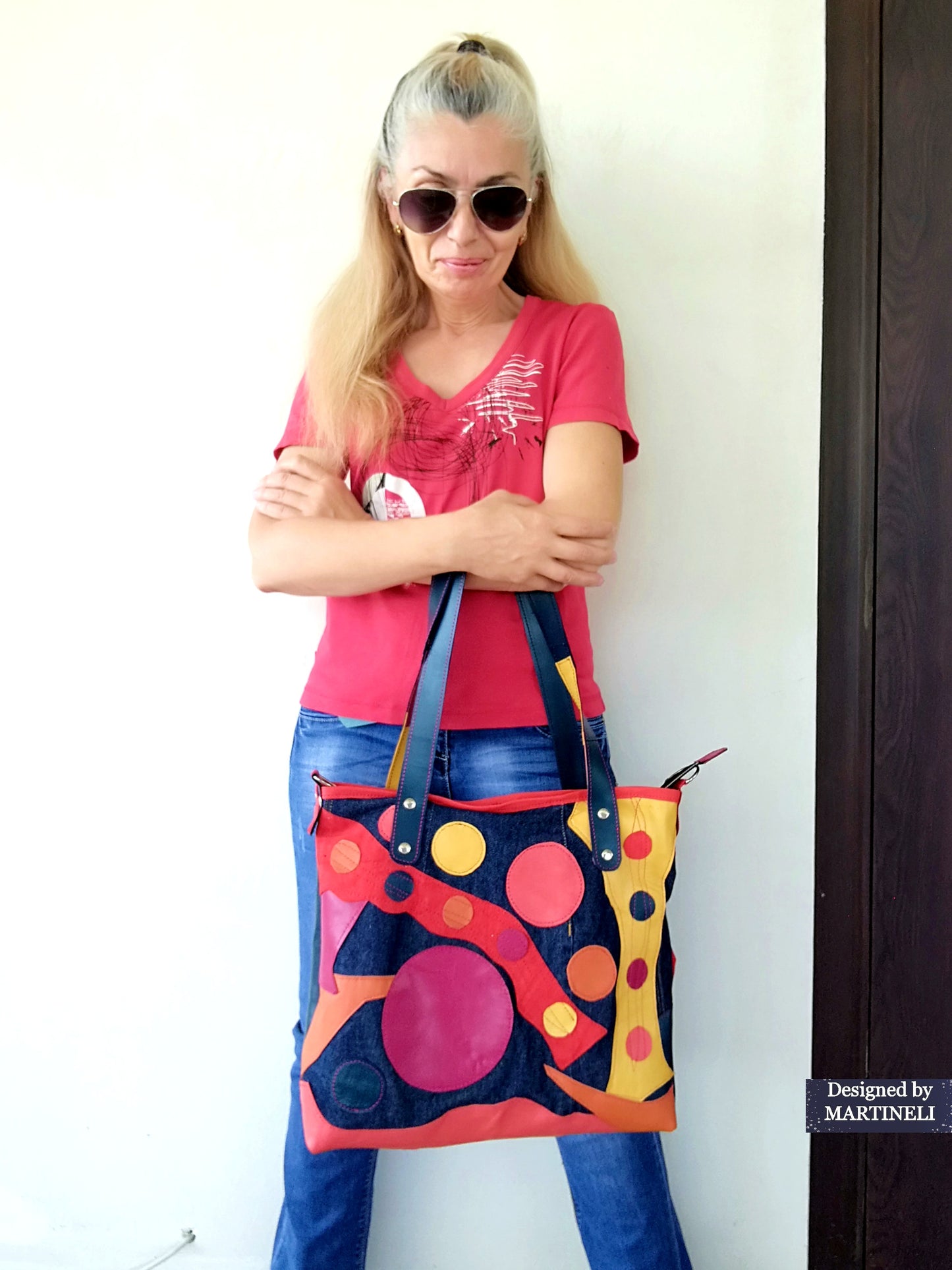 Colorful Leather Tote Bag-Soft Leather and Denim Crossbody Purse Bag,Large Jean Bag Artsy Convertible Bag For Women Hippie Bag Boho Tote Bag