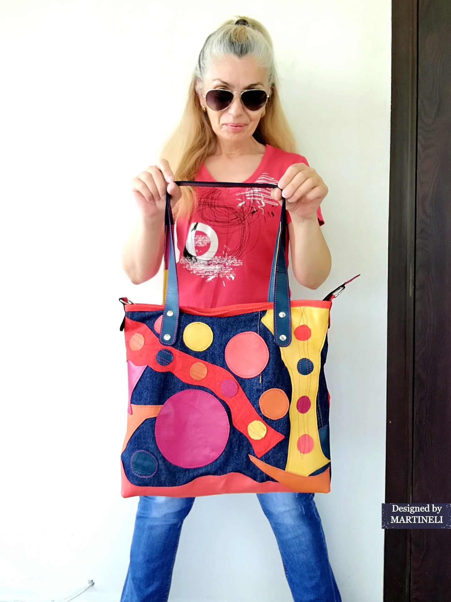 Colorful Leather Tote Bag-Soft Leather and Denim Crossbody Purse Bag,Large Jean Bag Artsy Convertible Bag For Women Hippie Bag Boho Tote Bag