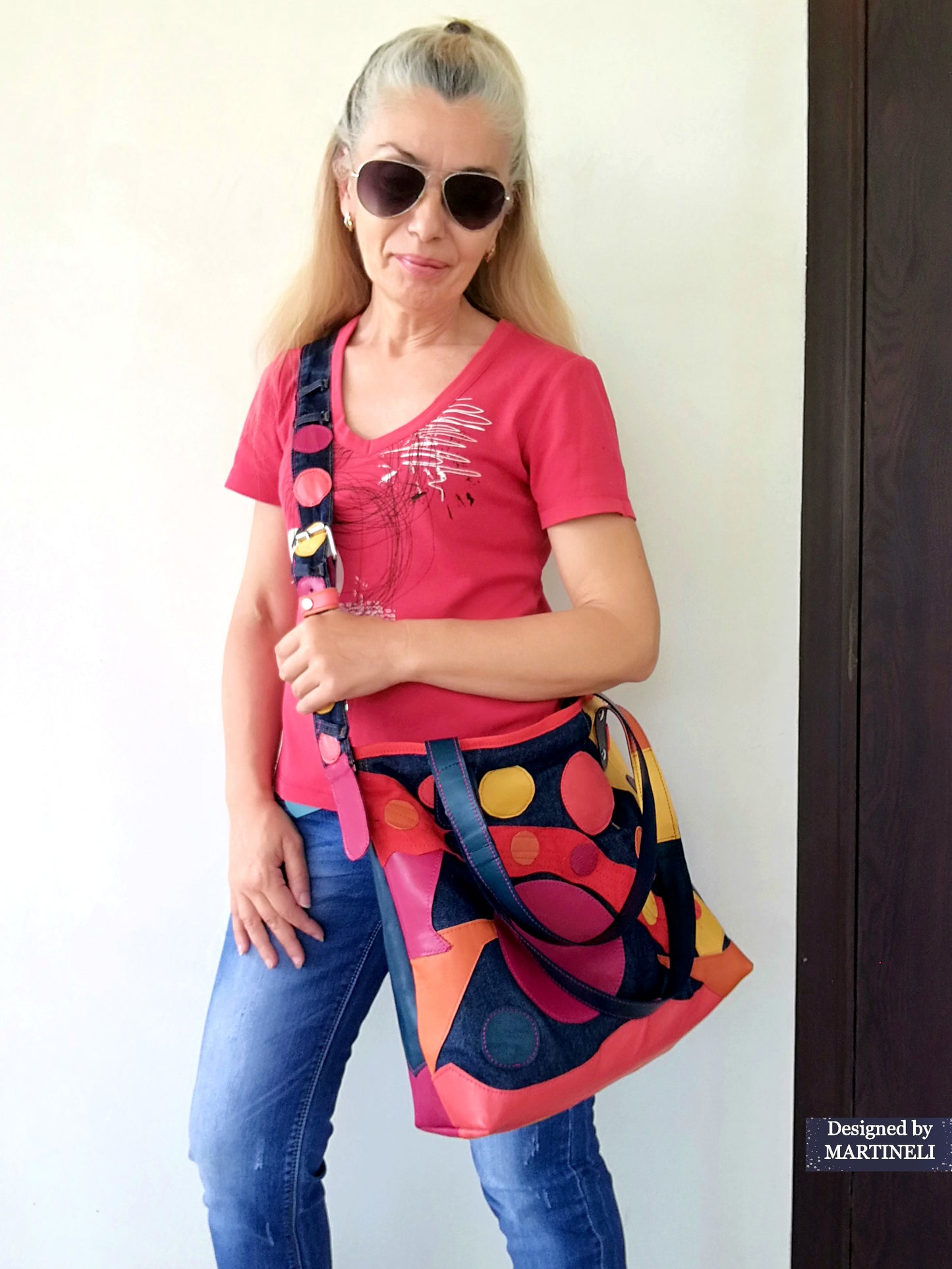 Colorful Leather Tote Bag-Soft Leather and Denim Crossbody Purse Bag,Large Jean Bag Artsy Convertible Bag For Women Hippie Bag Boho Tote Bag
