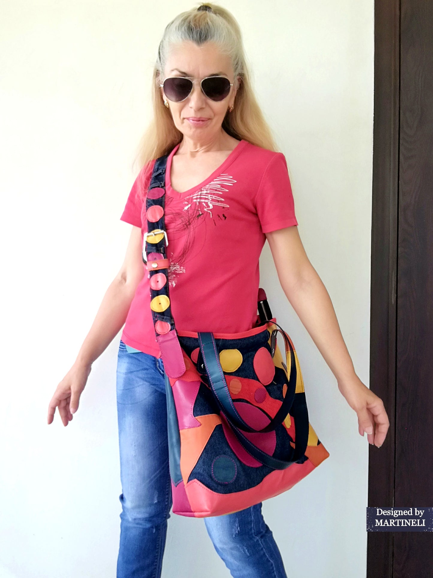Colorful Leather Tote Bag-Soft Leather and Denim Crossbody Purse Bag,Large Jean Bag Artsy Convertible Bag For Women Hippie Bag Boho Tote Bag