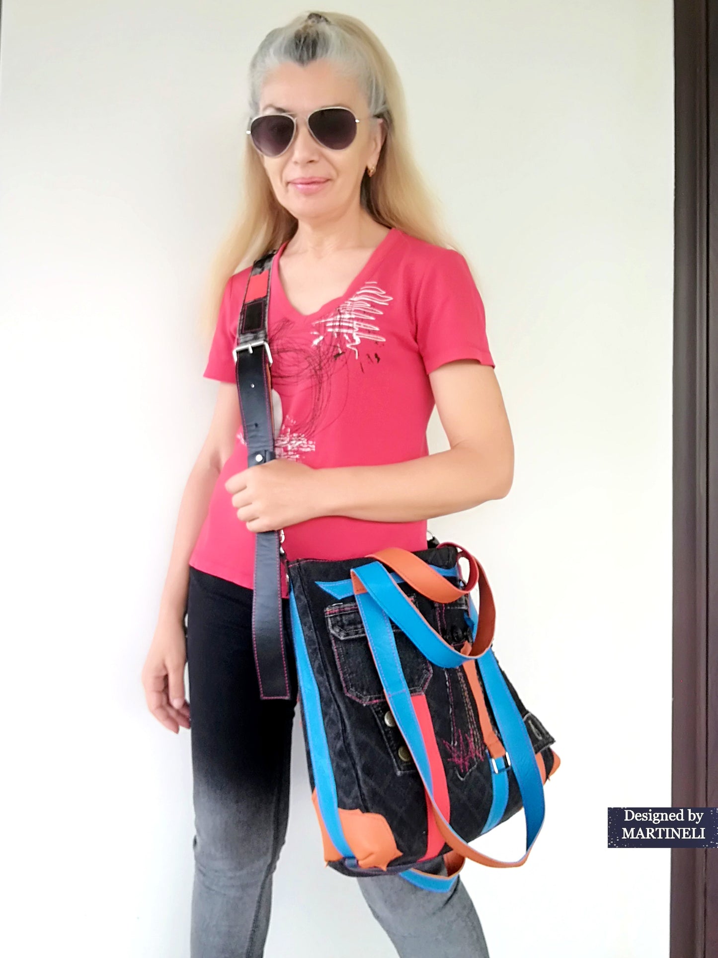 Colorful Denim and Leather Shoulder Bag-Italian Leather Tote Bag,Artsy Jean Crossbody Purse Bag Soft Leather Hand Bag Distressed Denim Patchwork