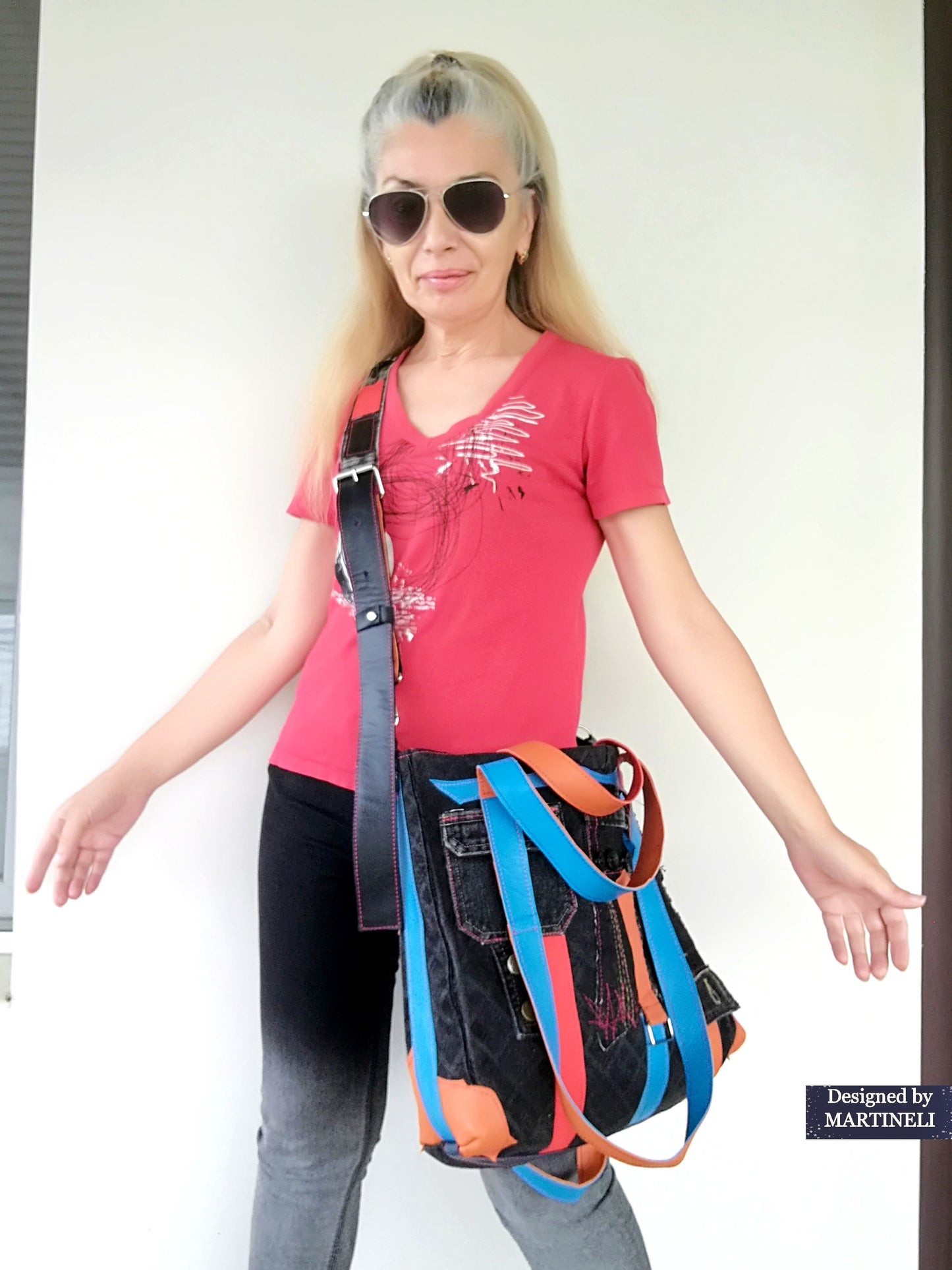 Colorful Denim and Leather Shoulder Bag-Italian Leather Tote Bag,Artsy Jean Crossbody Purse Bag Soft Leather Hand Bag Distressed Denim Patchwork