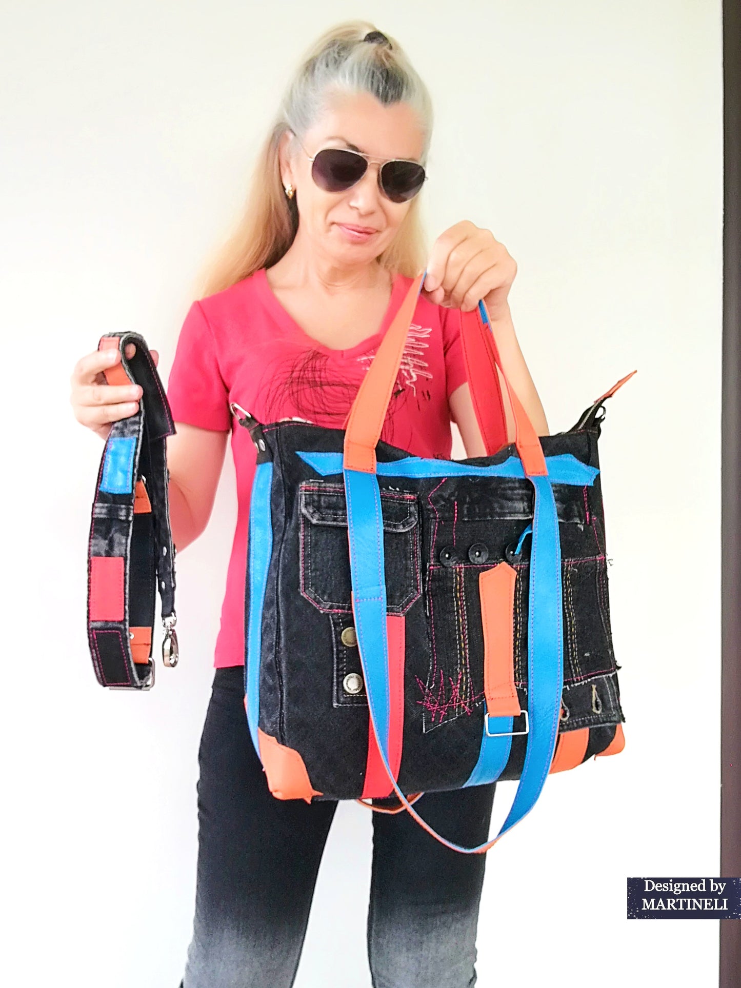 Colorful Denim and Leather Shoulder Bag-Italian Leather Tote Bag,Artsy Jean Crossbody Purse Bag Soft Leather Hand Bag Distressed Denim Patchwork