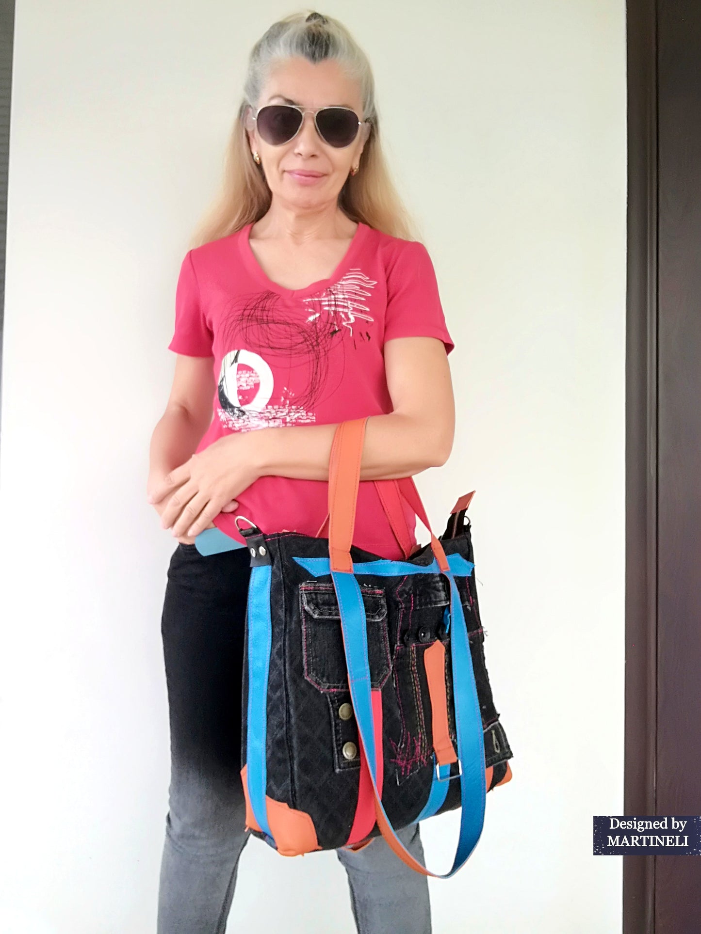 Colorful Denim and Leather Shoulder Bag-Italian Leather Tote Bag,Artsy Jean Crossbody Purse Bag Soft Leather Hand Bag Distressed Denim Patchwork