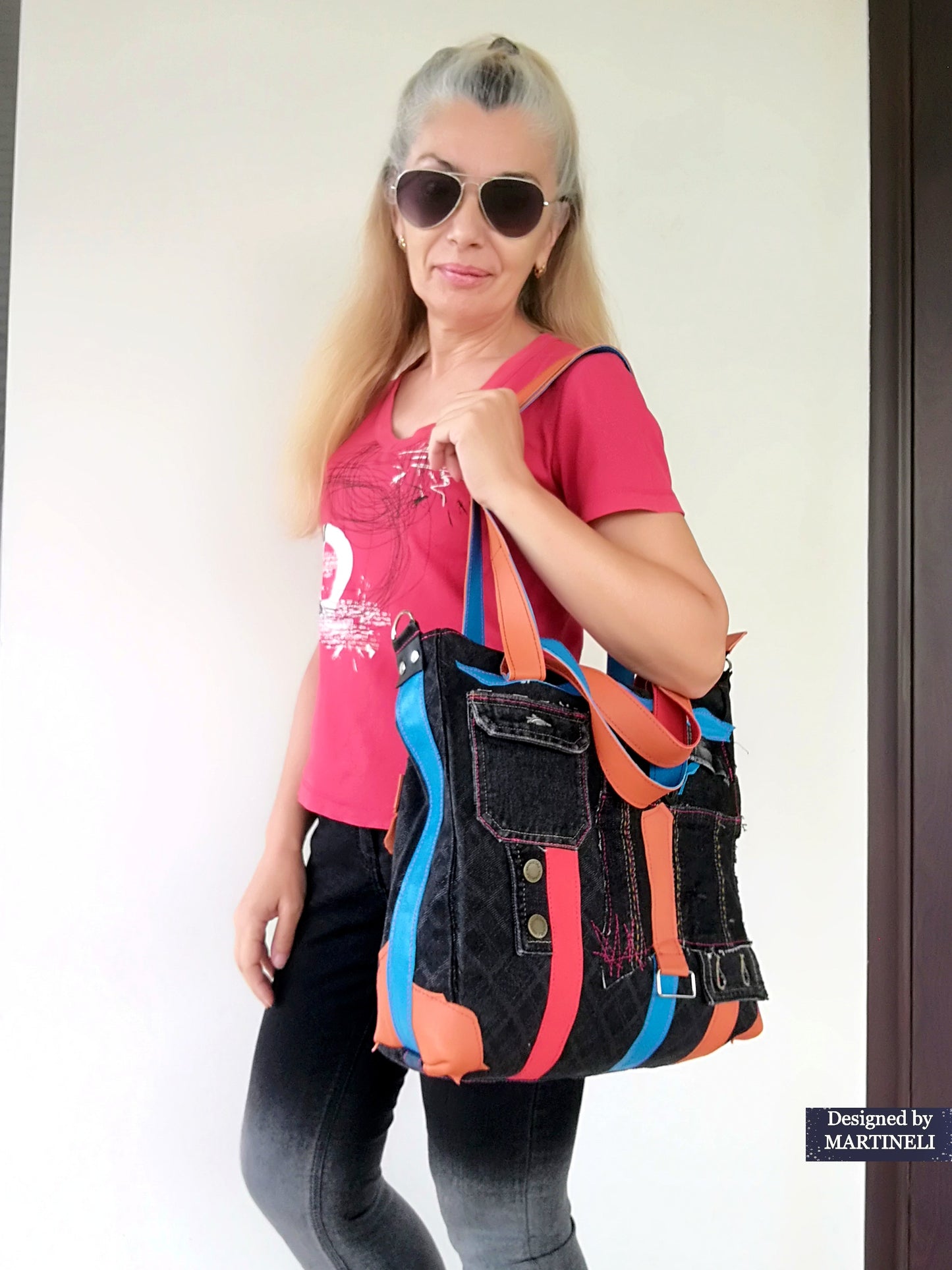 Colorful Denim and Leather Shoulder Bag-Italian Leather Tote Bag,Artsy Jean Crossbody Purse Bag Soft Leather Hand Bag Distressed Denim Patchwork