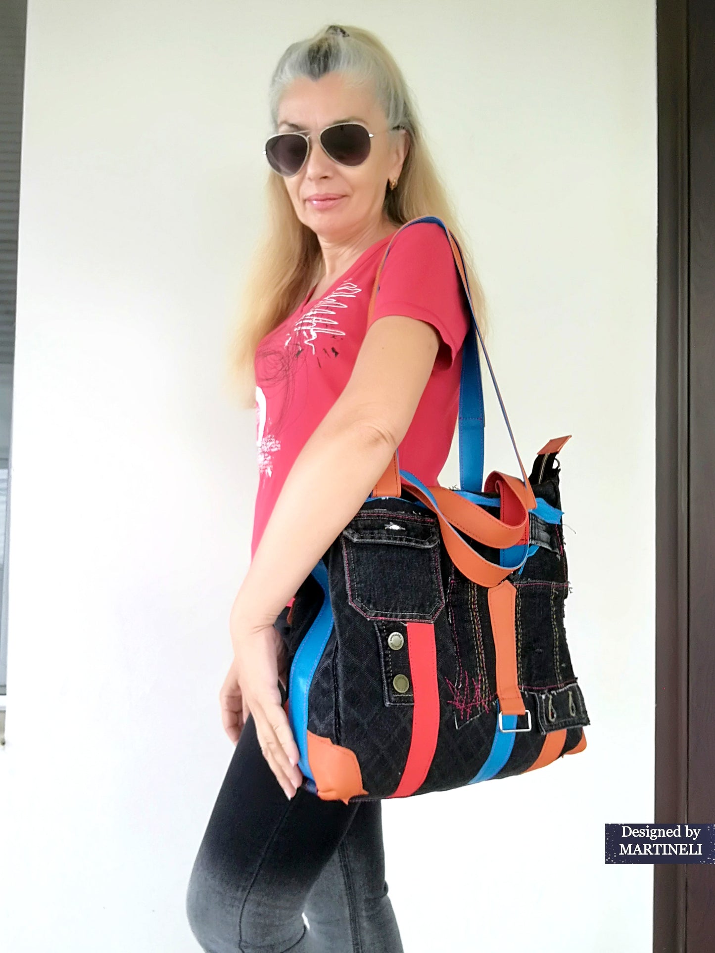 Colorful Denim and Leather Shoulder Bag-Italian Leather Tote Bag,Artsy Jean Crossbody Purse Bag Soft Leather Hand Bag Distressed Denim Patchwork
