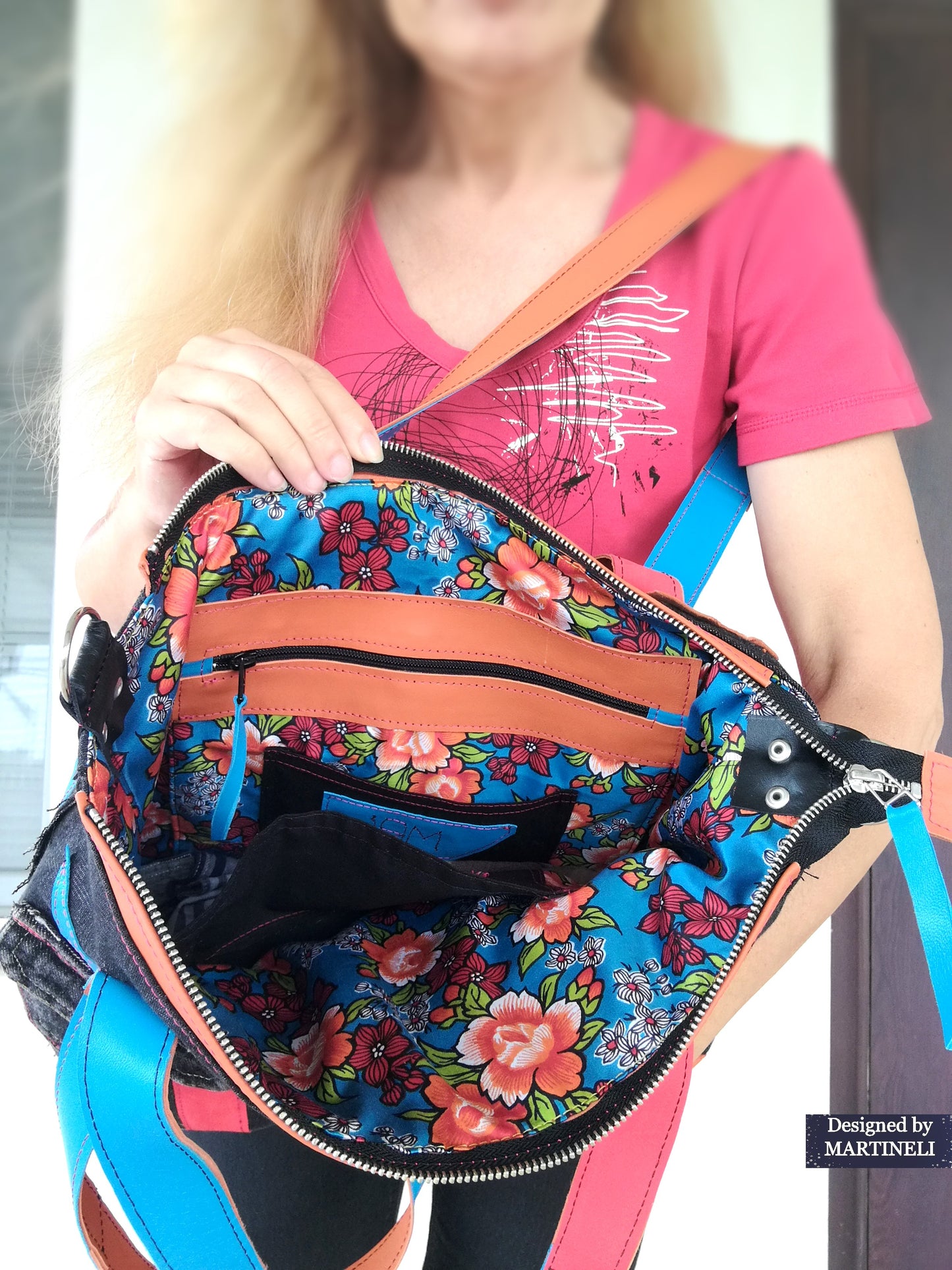 Colorful Denim and Leather Shoulder Bag-Italian Leather Tote Bag,Artsy Jean Crossbody Purse Bag Soft Leather Hand Bag Distressed Denim Patchwork