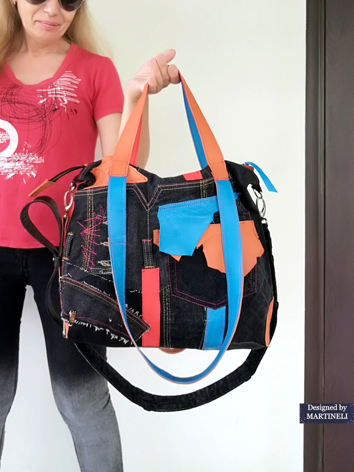 Colorful Denim and Leather Shoulder Bag-Italian Leather Tote Bag,Artsy Jean Crossbody Purse Bag Soft Leather Hand Bag Distressed Denim Patchwork