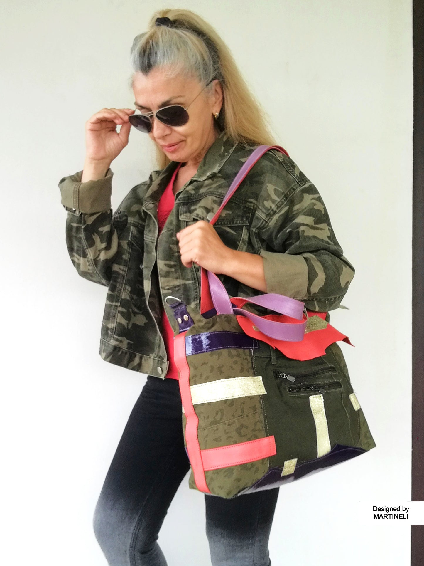 Animal Print Shoulder Bag,Camouflage Denim Travel Bag,Artsy Colorful Leather Crossbody Purse,Khaki Hand Bag,Boho Festival Jean Bag,Large Bag