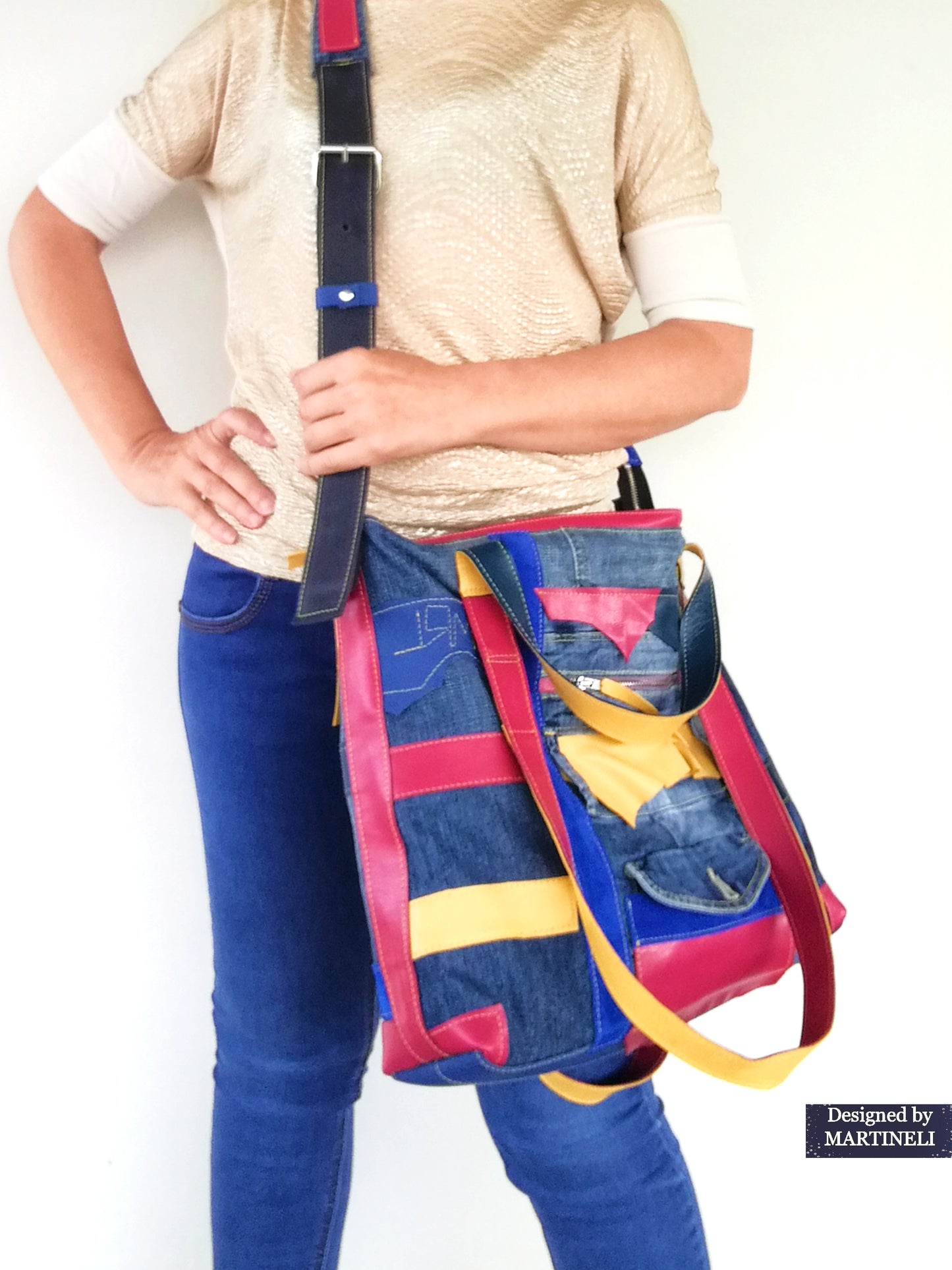 Boho Denim&Leather Shoulder Bag High End Italian Leather Tote Bag-Colorful Artsy Crossbody Purse,Big Soft Leather Distressed Denim Handbag