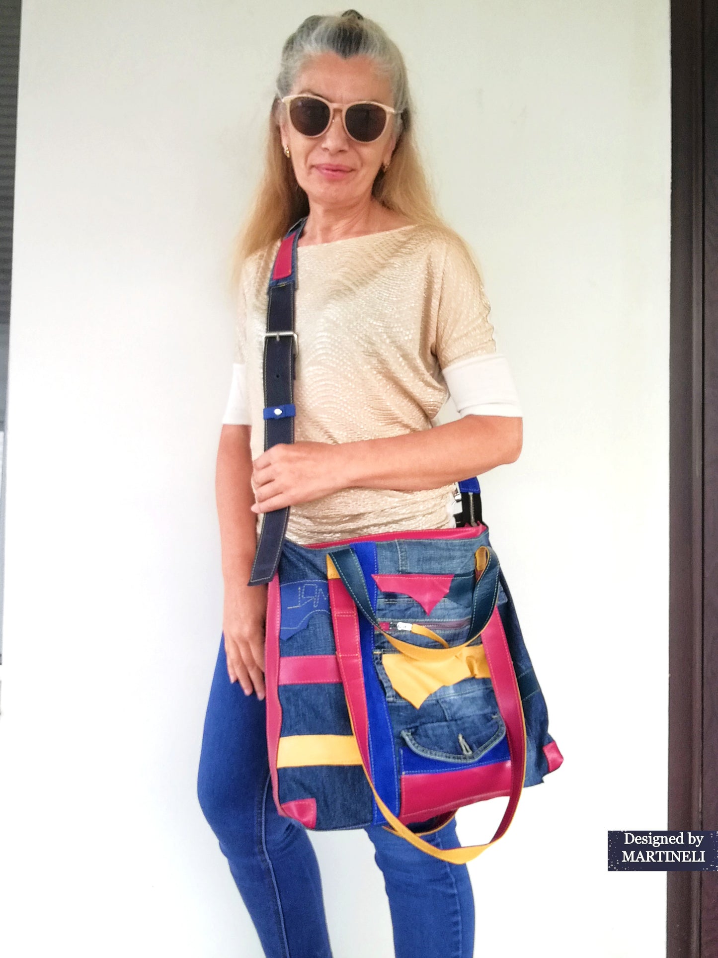 Boho Denim&Leather Shoulder Bag High End Italian Leather Tote Bag-Colorful Artsy Crossbody Purse,Big Soft Leather Distressed Denim Handbag