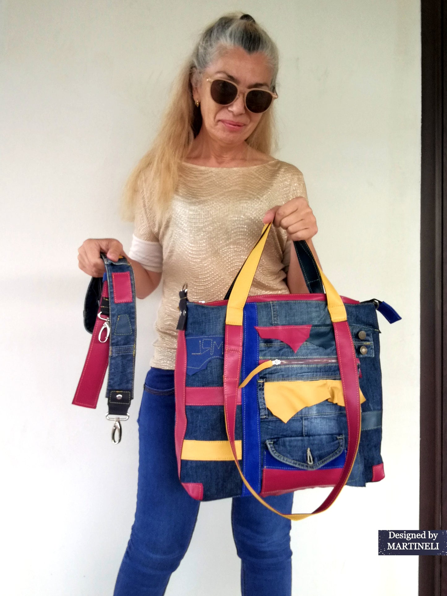 Boho Denim&Leather Shoulder Bag High End Italian Leather Tote Bag-Colorful Artsy Crossbody Purse,Big Soft Leather Distressed Denim Handbag