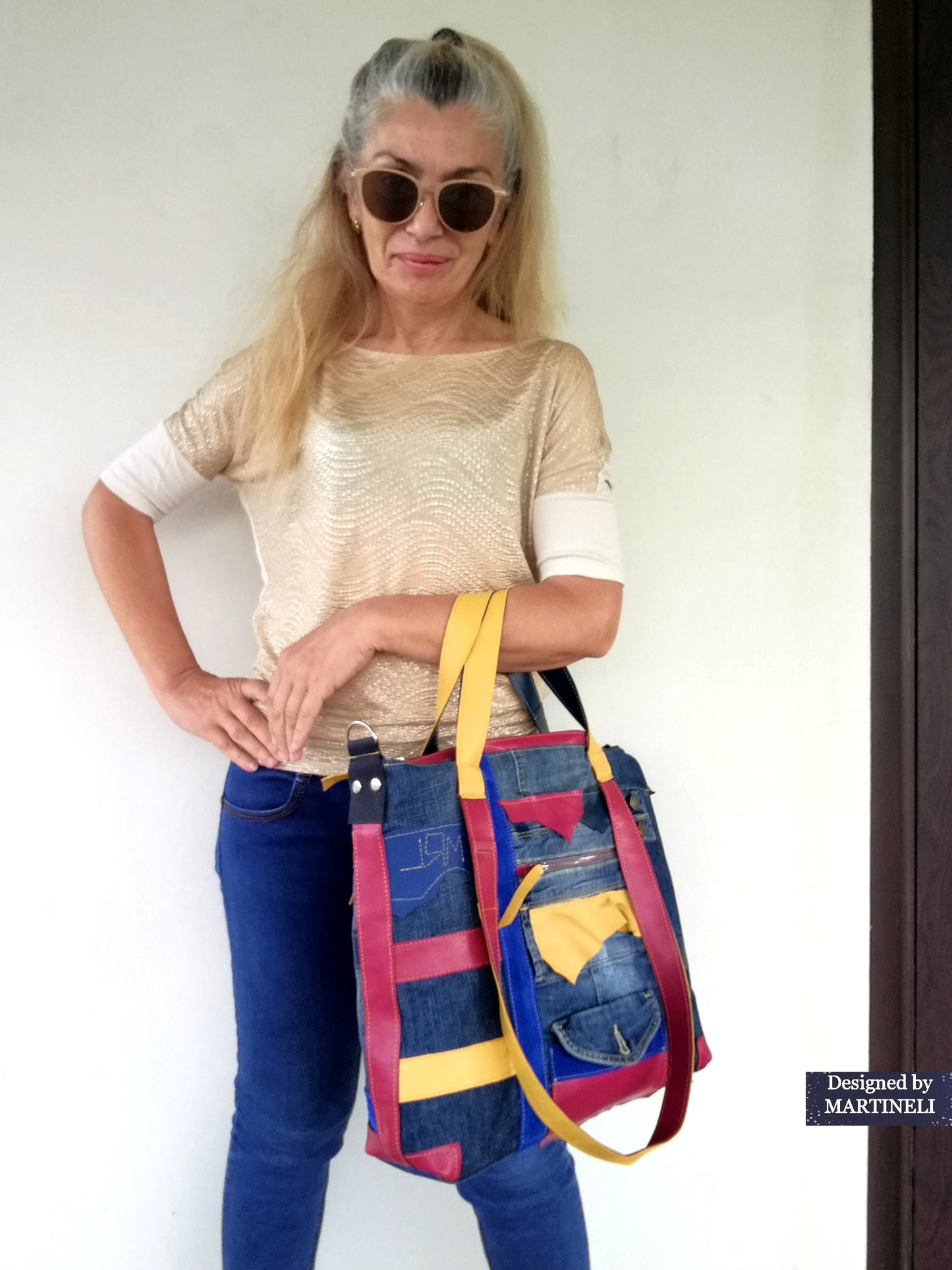 Boho Denim&Leather Shoulder Bag High End Italian Leather Tote Bag-Colorful Artsy Crossbody Purse,Big Soft Leather Distressed Denim Handbag