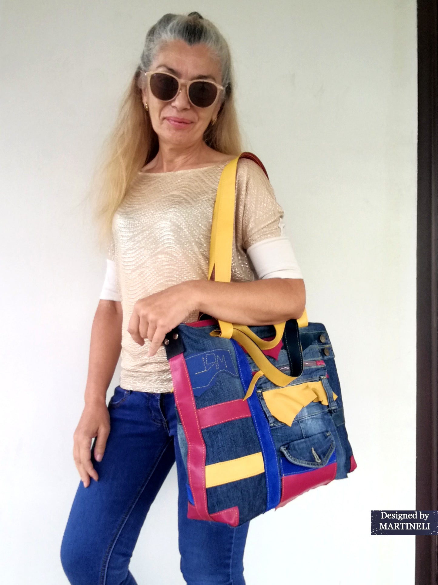 Boho Denim&Leather Shoulder Bag High End Italian Leather Tote Bag-Colorful Artsy Crossbody Purse,Big Soft Leather Distressed Denim Handbag