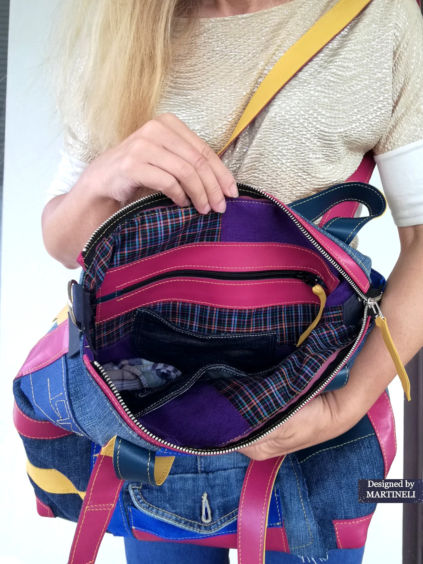 Boho Denim&Leather Shoulder Bag High End Italian Leather Tote Bag-Colorful Artsy Crossbody Purse,Big Soft Leather Distressed Denim Handbag