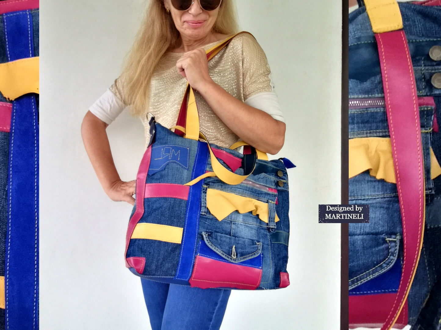 Boho Denim&Leather Shoulder Bag High End Italian Leather Tote Bag-Colorful Artsy Crossbody Purse,Big Soft Leather Distressed Denim Handbag